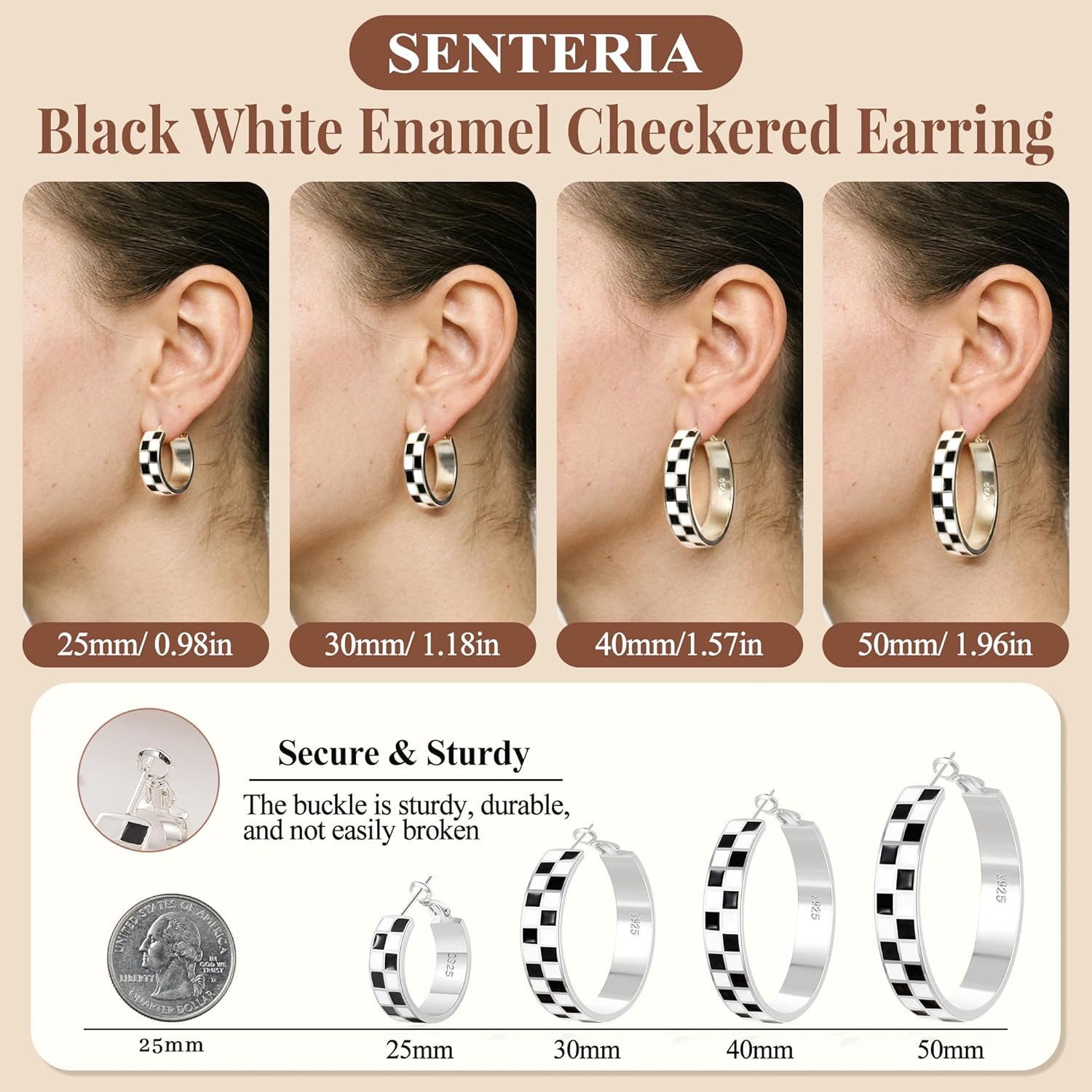 Senteria Checkered Silver Hoop Earrings for Women Hypoallergenic 925 Sterling Silver Hoop Earrings Lightweight Chunky Hoops Earring Black White Enamel Checkered Earring for Women 25/30/40MM - Image 5