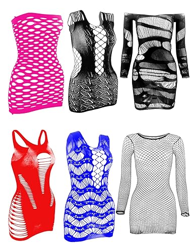 LEMON GIRL 6 Pieces Women's Fishnet Lingerie Top Mesh Babydoll Chemises Dress General Size - Rose,black,black,red,blue,black