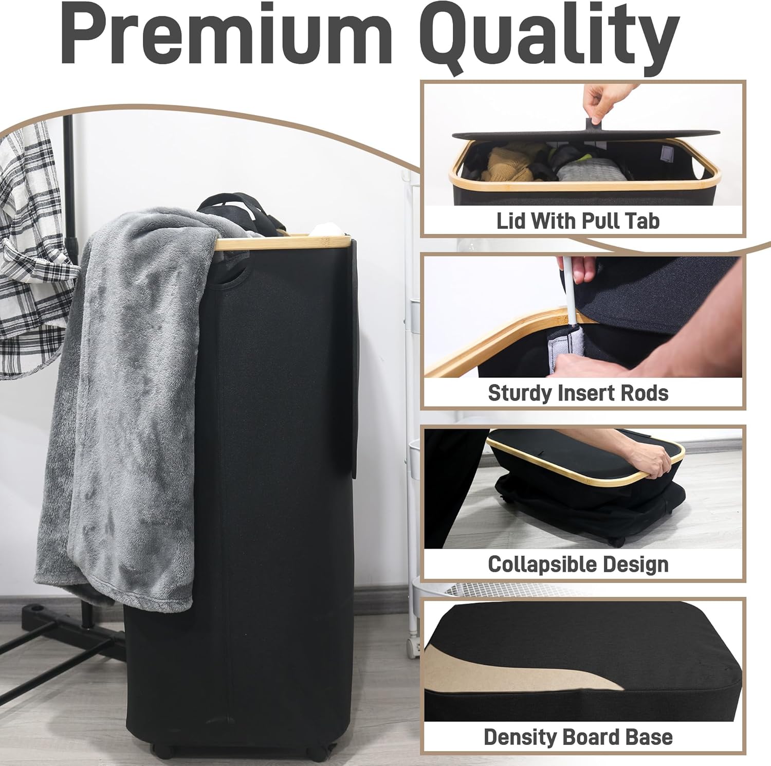 Quibbay 160L Laundry Hamper with Lid, Extra Large Laundry Hamper 3 Section with Bamboo Handles & 3 Removable Bags, Dirty Clothes Hampers for Laundry Room Bedroom Dorm, Laundry Basket with Wheels,Black
