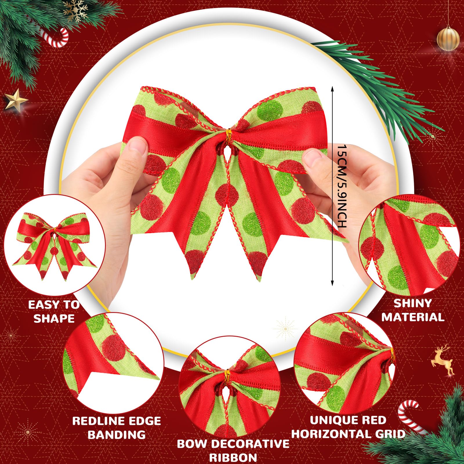 Lyrow 24 Pcs Red Green Christmas Bows 6 Inch Large Christmas Glitter Tie Ribbon Bows for Wreath Garland DIY Crafts Wedding Indoor Outdoor Decor (Red Green)