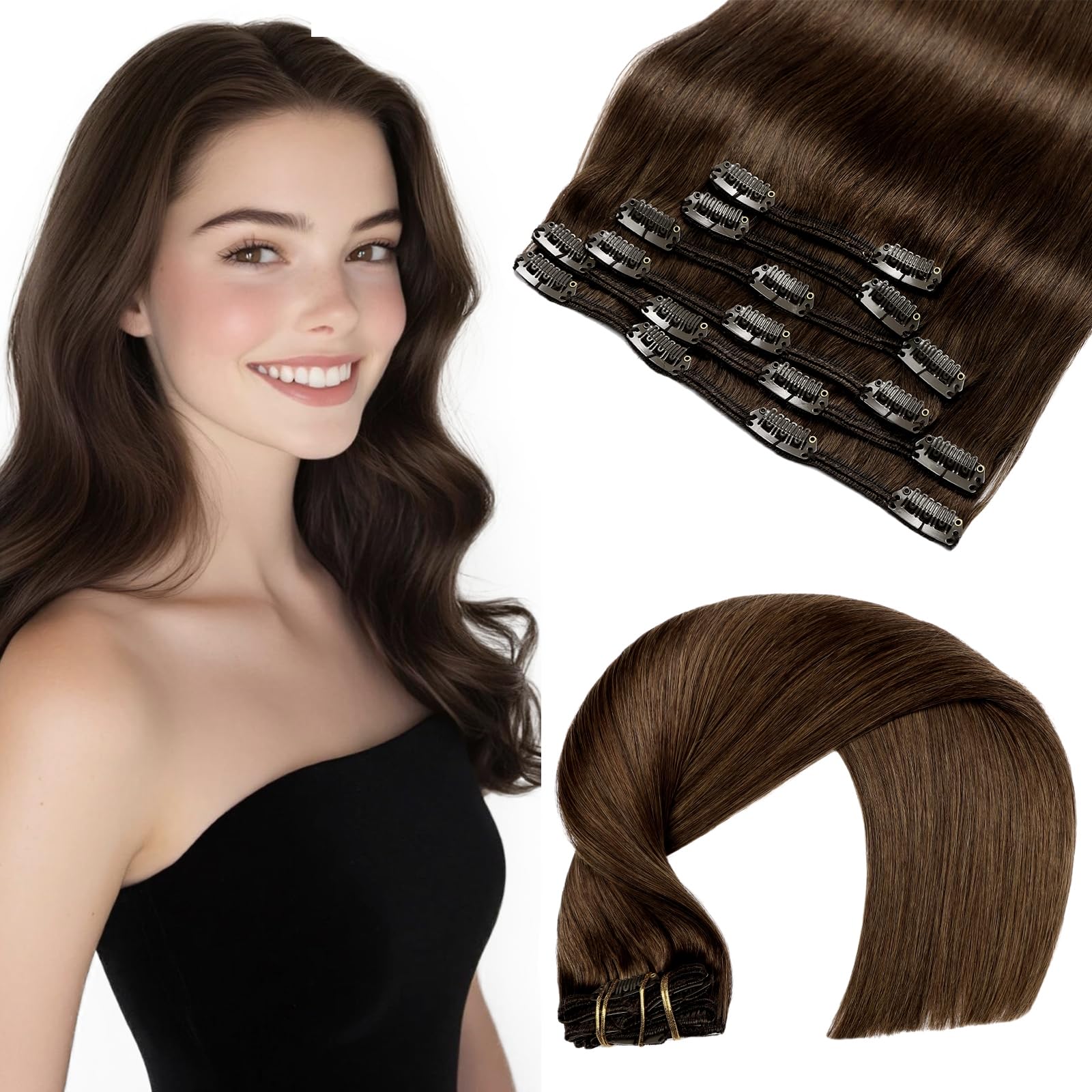 VINBAO Clip in Real Human Hair Extensions Chocolate Brown Color 4 Double Weft Straight Soft Skin Weft 14 Inch 100g 6pcs Clip in Real Human Hair