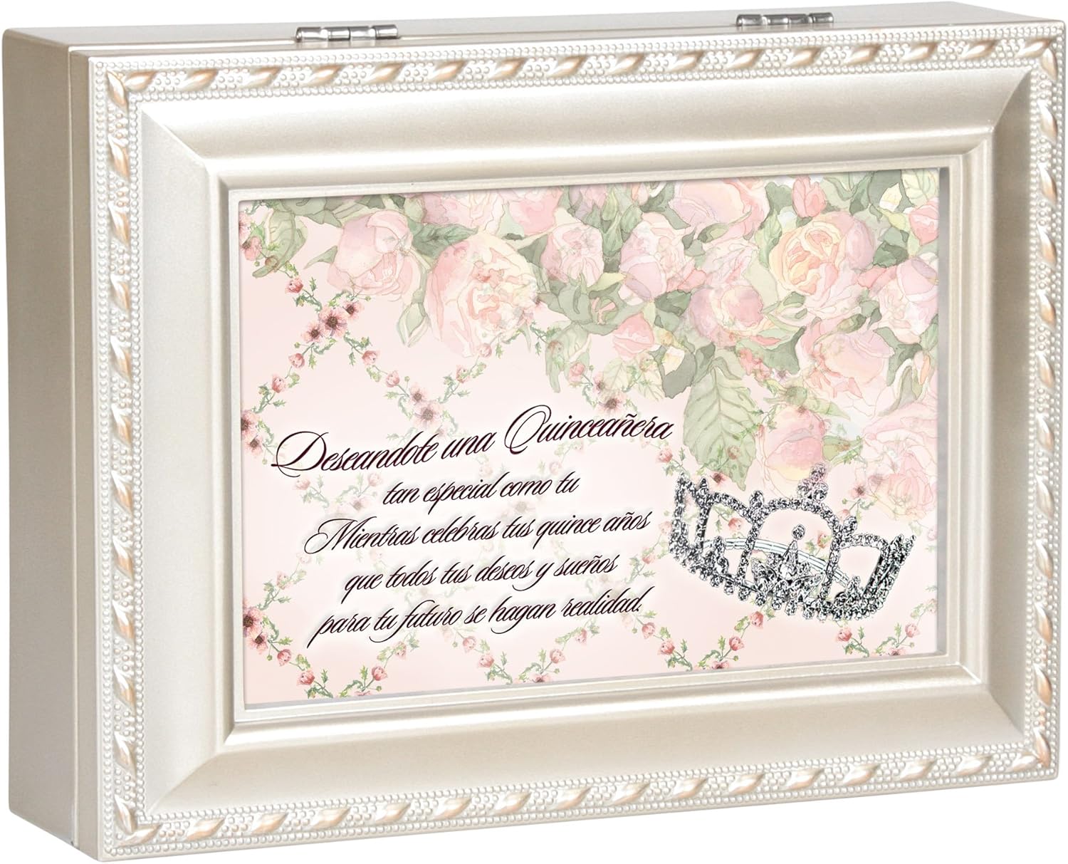 Cottage Garden Deseandote UNA Quinceañera Tiara Floral Silvertone Rope Trim Jewelry Music Box Plays Wind Beneath My Wings