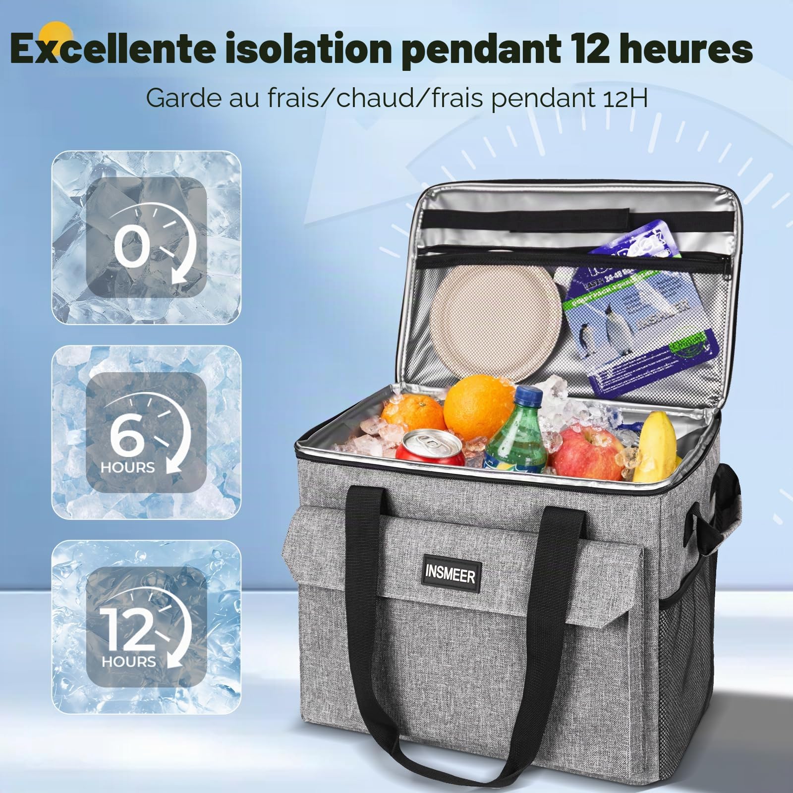 INSMEER Sac isotherme à roulettes 35 l avec sac à déjeuner et doublure rigide pliable 2 en 1 | Doublure rigide pliable, isolée 2 en 1, pour pique-nique, camping, plage, courses, glacière sur roue, 36 canettes