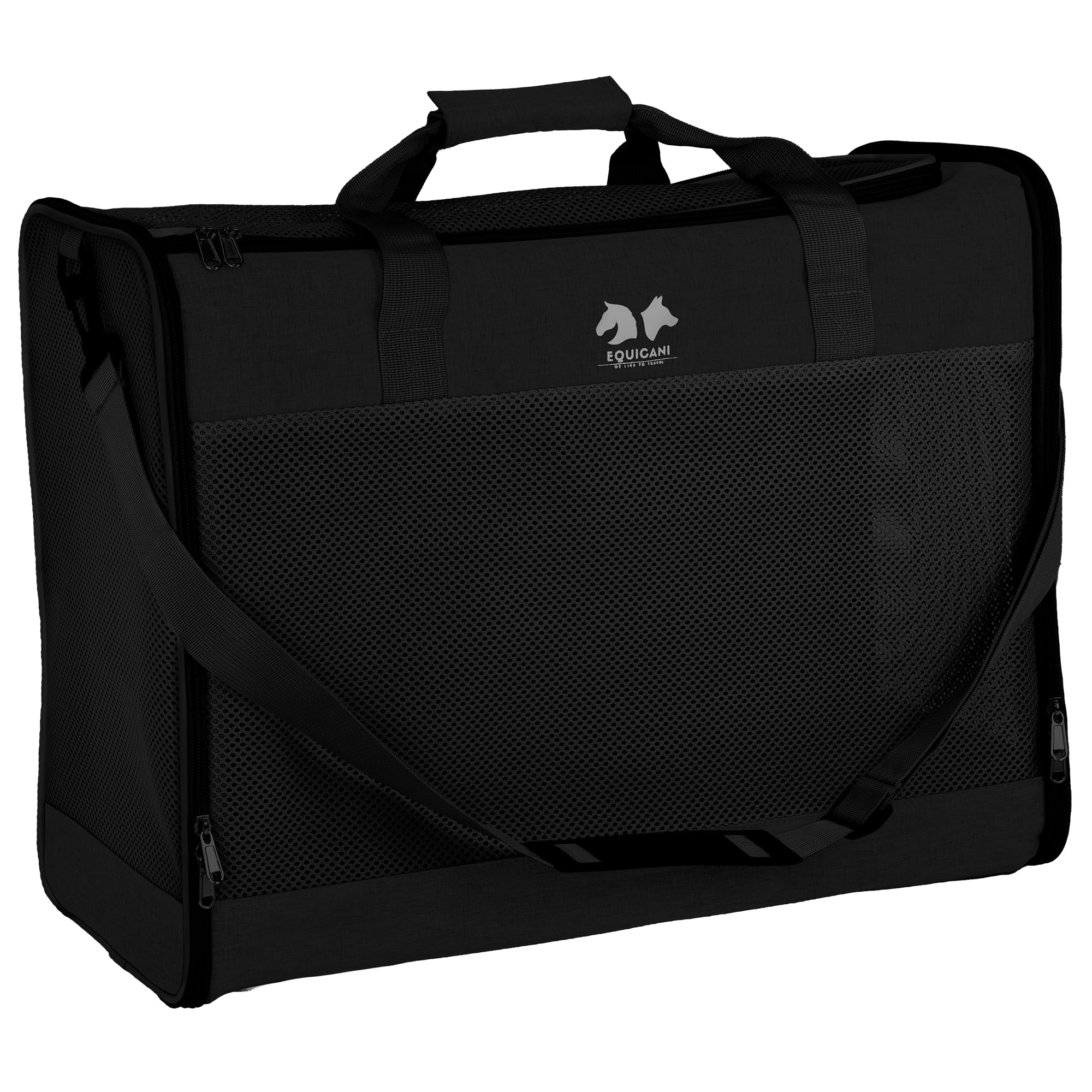 Equicani® Borsa per cani 55x40x23 cm, pieghevole, leggera, con tessuto a rete, tracolla e fondo rimovibile per cane e gatto | Borsa per il trasporto di animali domestici per viaggi, auto, aereo (Nero)