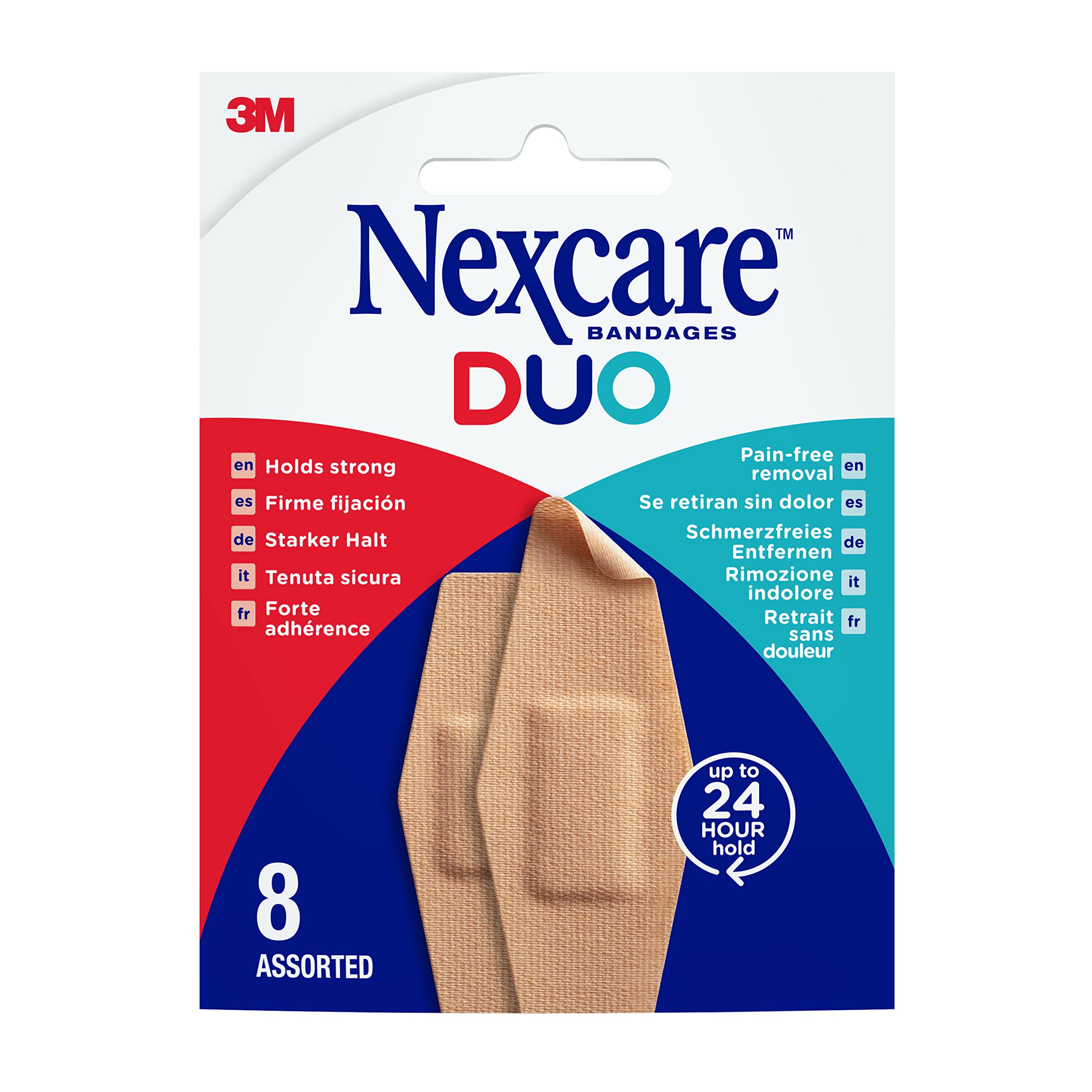 Nexcare Duo Plasters Assorted Sizes by 3M Pack of 8, Strong-Hold Yet Flexible Two-Zone Bandages for Secure Comfortable Wound Cover, Compact Assorted Pack for Bag, Car or First-Aid Top-Up
