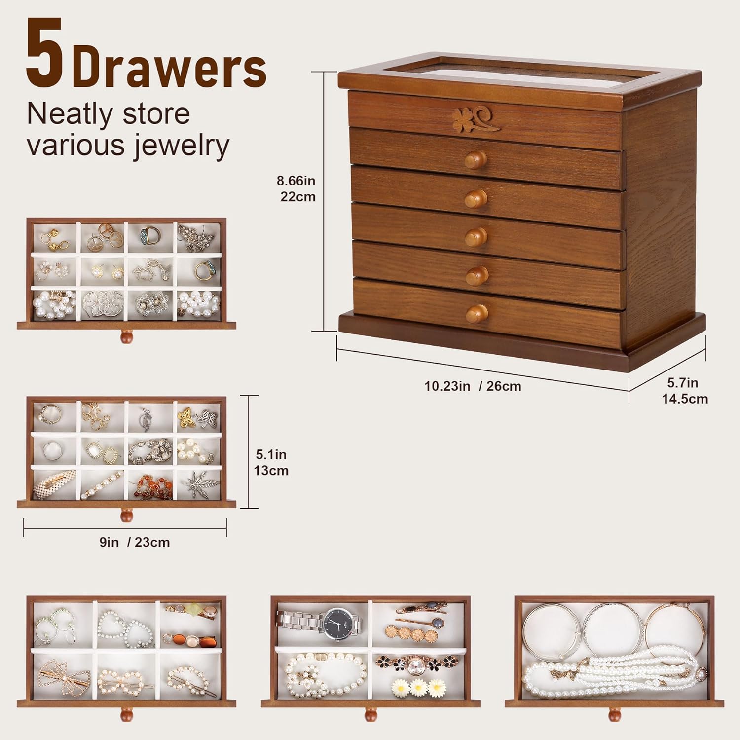 Kendal Wood Jewelry Box for Women, Real Wooden Jewelry Holder Organizer Box with Leaf Patterns, 6 Layer Jewelry Boxes for Storage Earrings Rings Necklace Bracelet, Ideal Gift for Women's Day