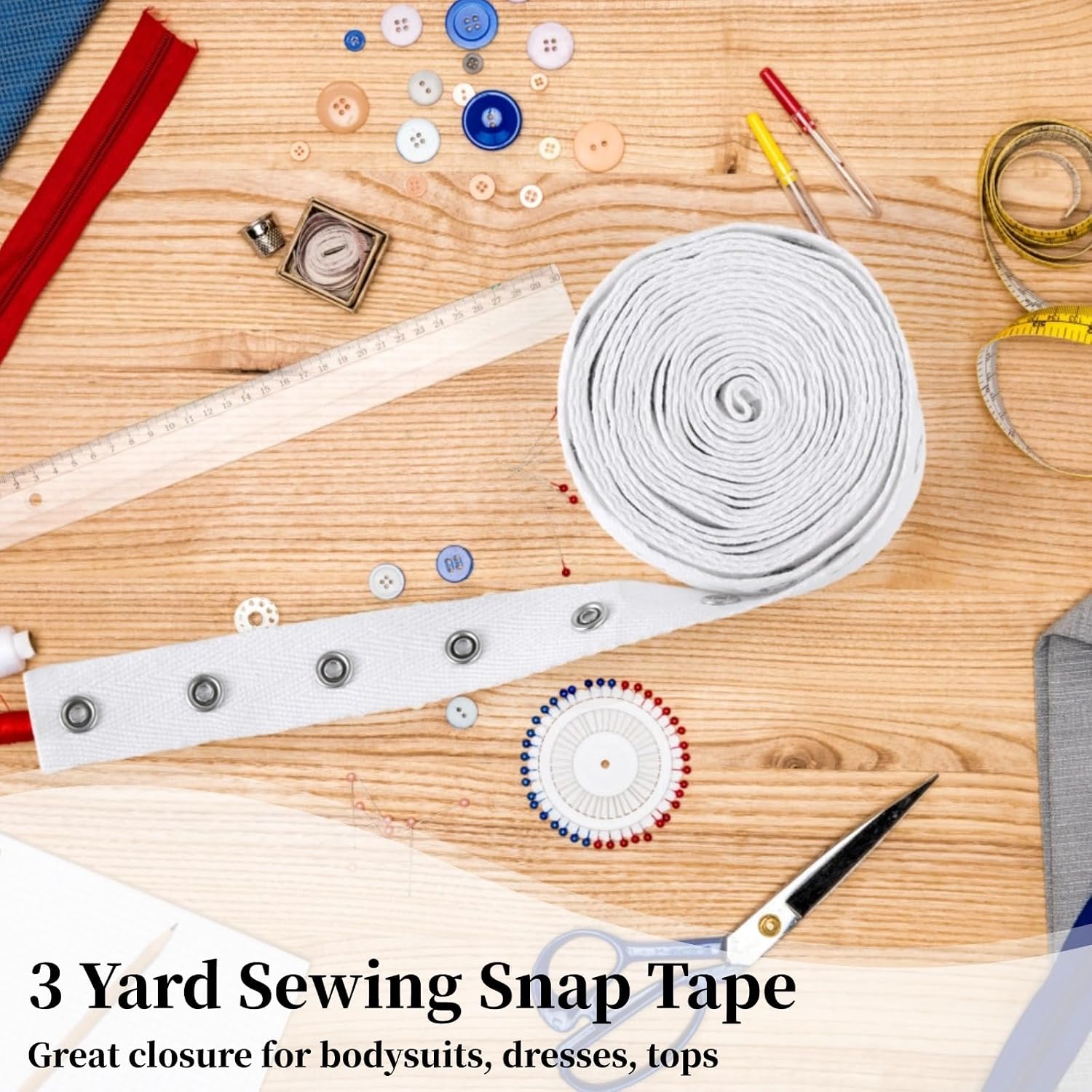 3 Yards White Snap Tape for Sewing by Yard, Metal Button Tape Ribbon for Baby Clothes, Cotton Snap Trim Fastener for DIY Crafts, 1 inch Wide