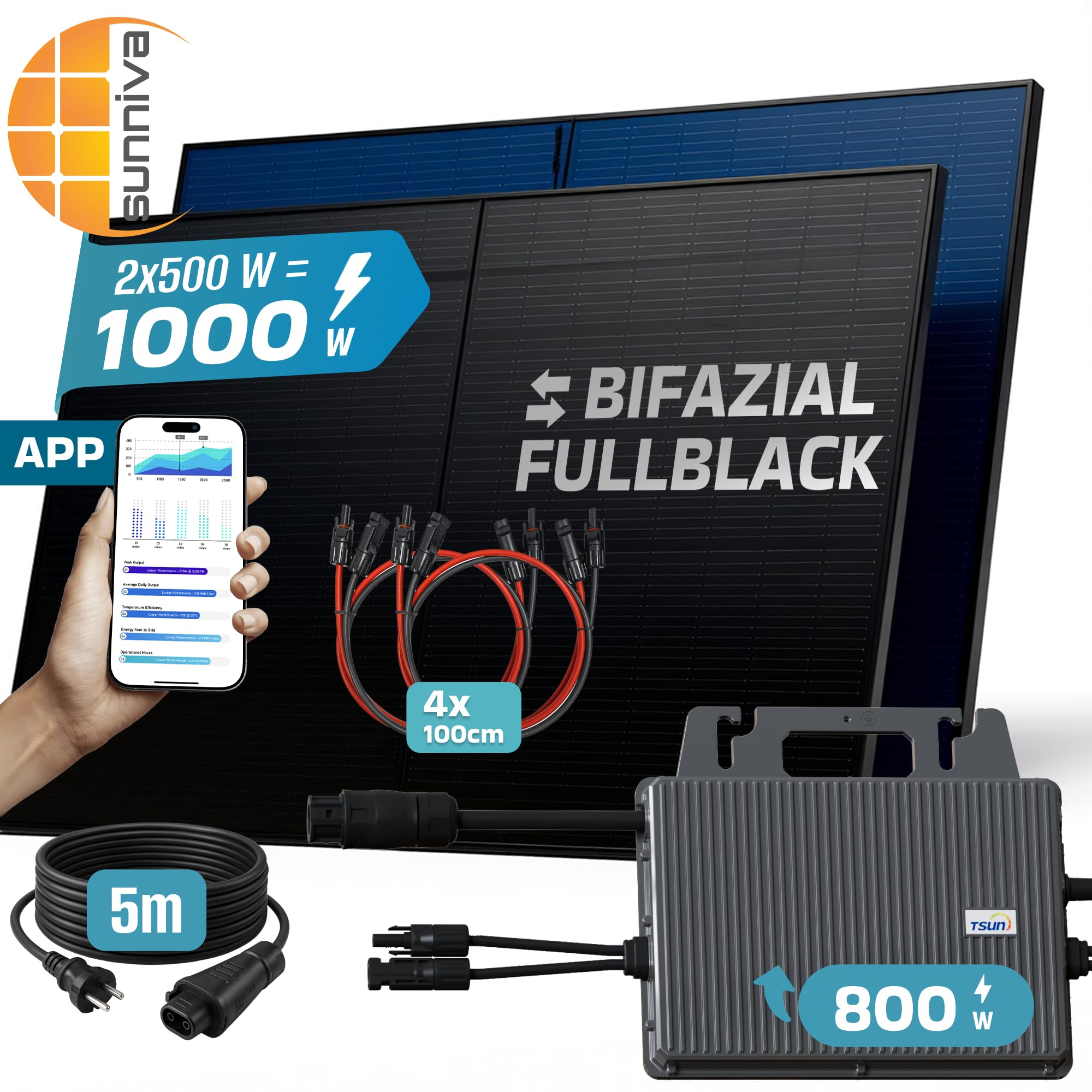 SUNNIVA 1000W Balkonkraftwerk BIFAZIAL FULLBLACK komplett Steckdose TSUN 800W Wechselrichter, PV Solaranlage, 2x 500W Glas Solarmodule, inkl. 5m Kabel, Bluetooth WIFI, Komplettset