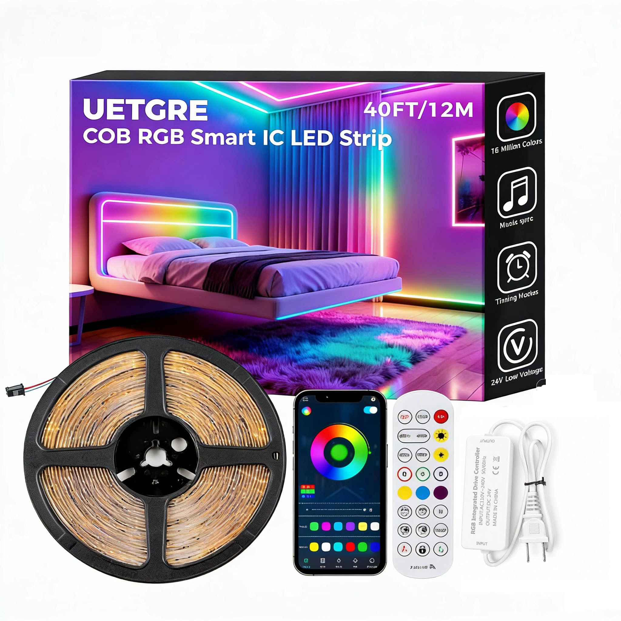 Photo 1 of UETGRE 40FT RGB+IC COB LED Strip Lights, Color Changing Lights