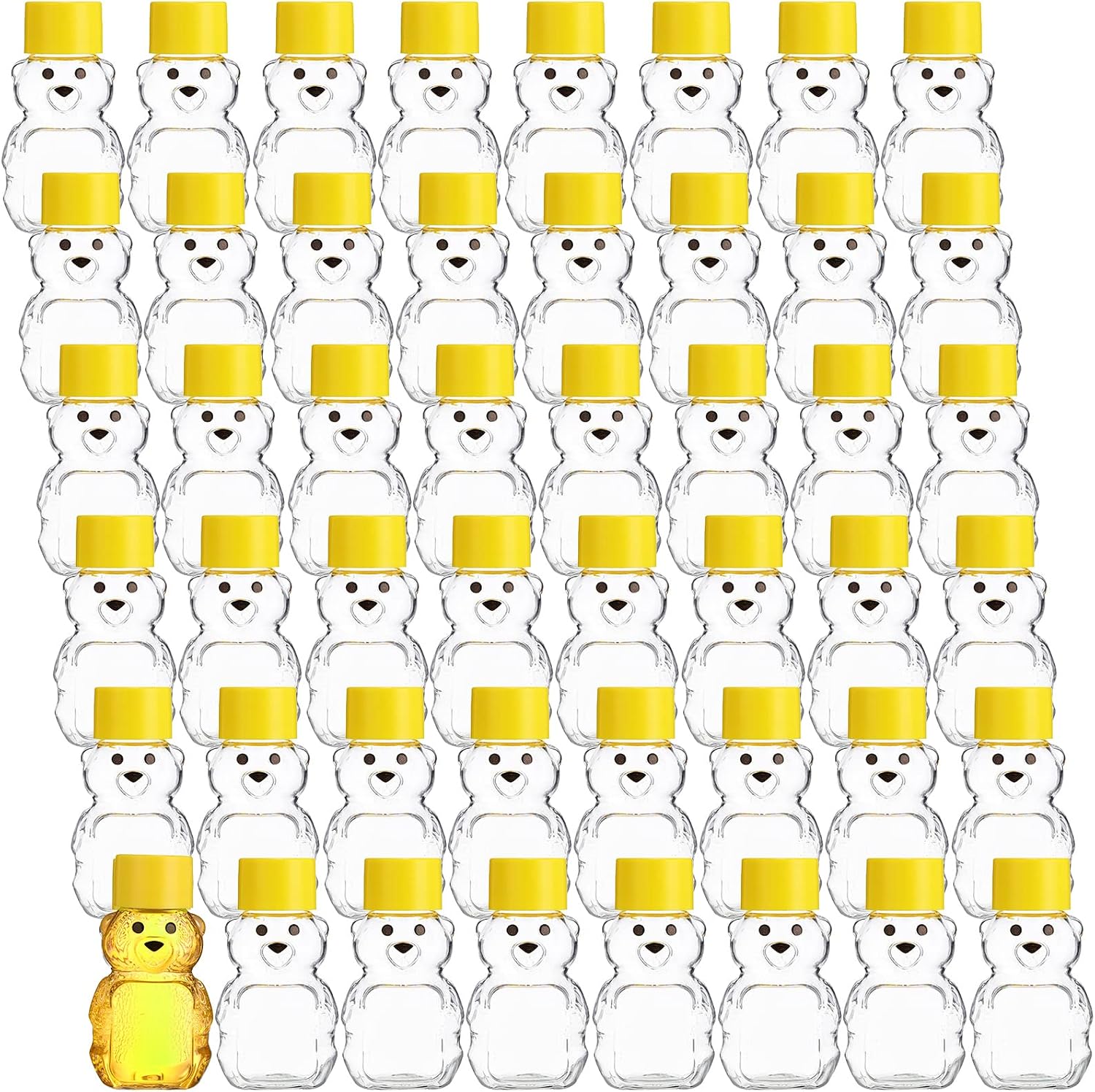 Patelai 48 Pcs 2 oz Plastic Honey Bear Bottle Clear Empty Honey Containers Bulk Reusable Mini Cup Jars with Lids Juice Bottle for Holidays Baby Shower Gifts(Yellow)