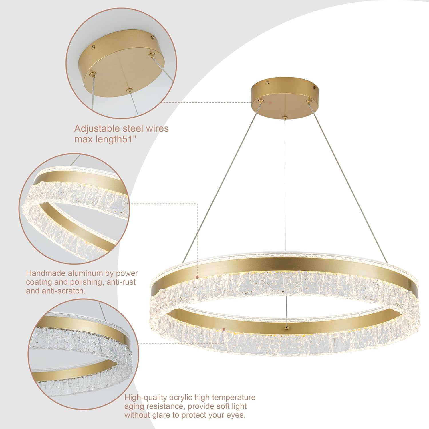 MADEM Modern Gold Led Pendant Light,36W Dimmable LED Chandelier Lighting Fixture, 1 Ring Circular Hanging Led Pendant Lighting for Living Room Dining Room Kitchen Island Foyer Office