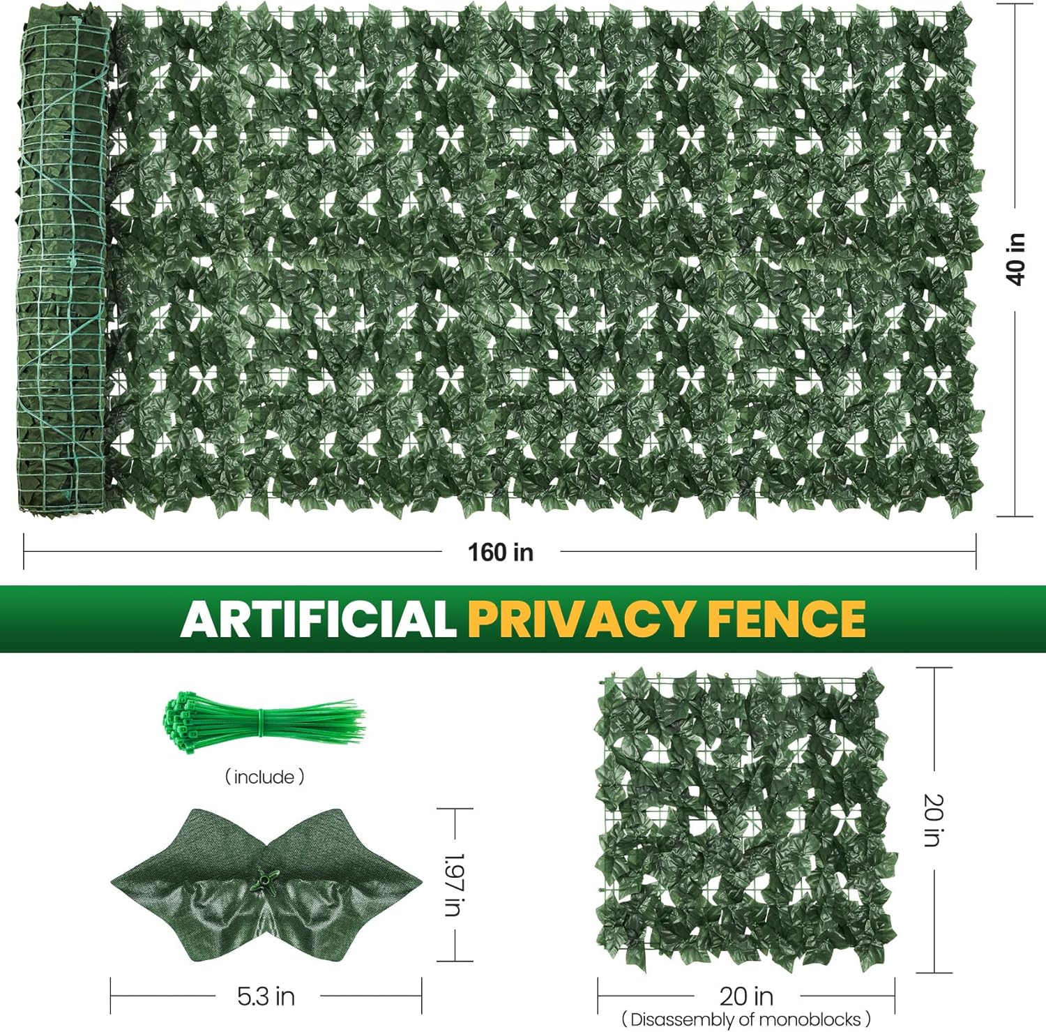 KASZOO Artificial Ivy Privacy Fence Screen - 160''(L) x 40''(W) Faux Greenery Wall Panels for Outdoor Privacy, Balcony, Patio, Backyard, Fence Decor, Realistic Green Leaves for Wall or Garden Use