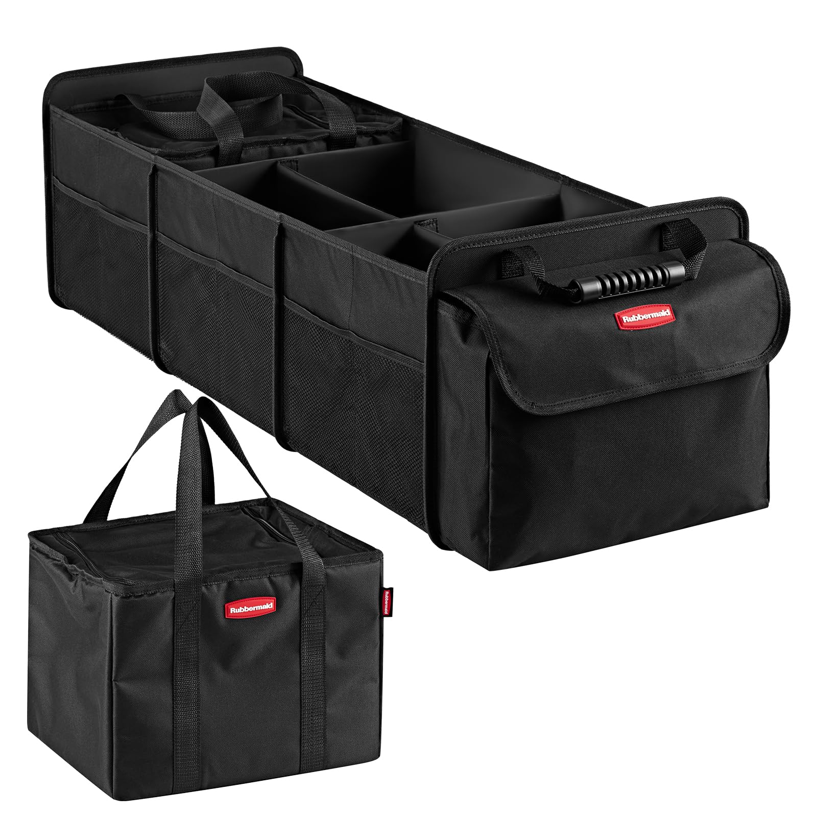 Rubbermaid Car Organizer, Collapsible Trunk Organizer with Removable Leakproof Cooler Bag without Lid, Multi-Compartment Car Storage Organization for Car Accessories, 5 Compartments Without Cover,