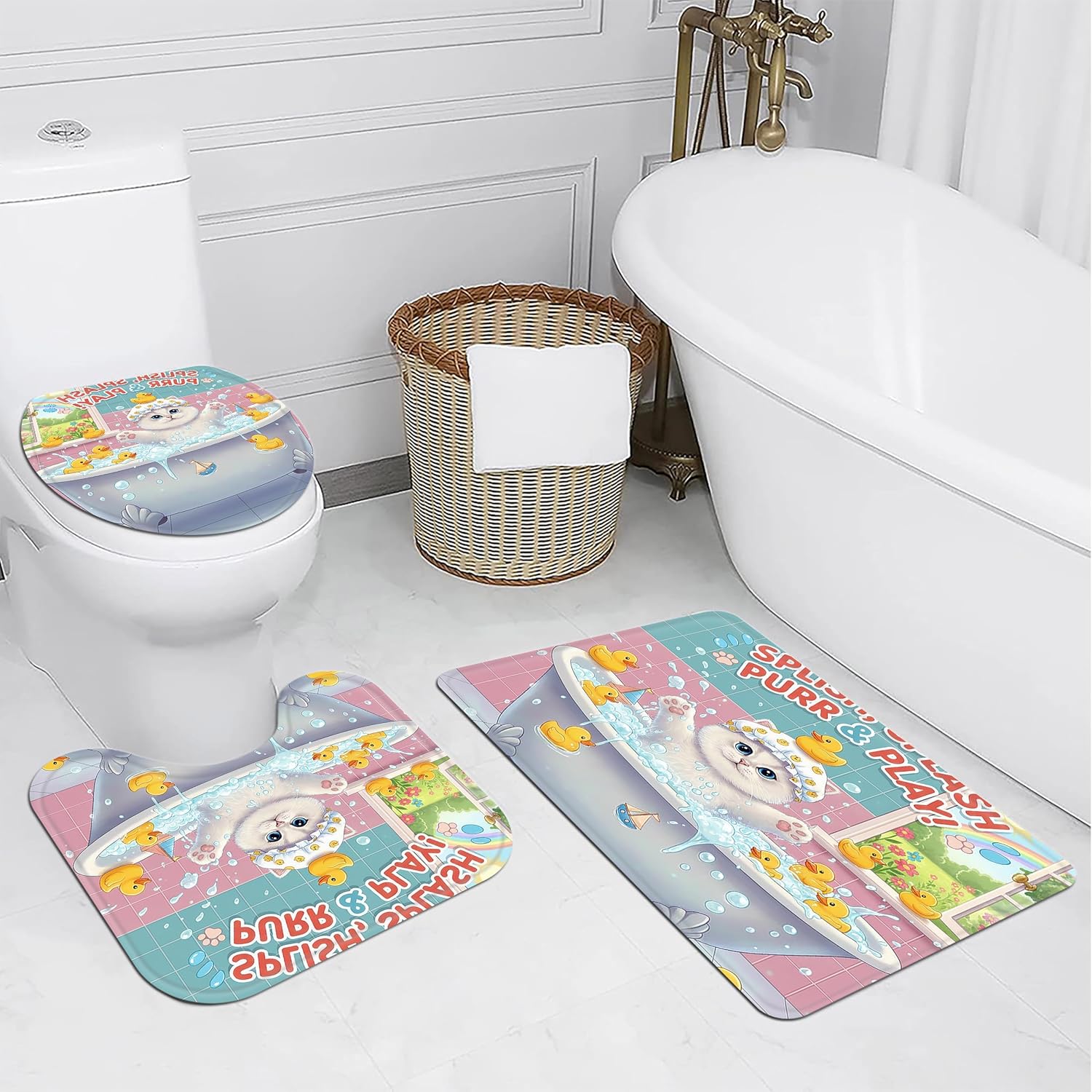 4Pcs Cat Shower Curtain with Memory Rugs, Pink Kids Bathroom Sets with Cute Cat Shower Curtain, Non-Slip Rug,Toilet Lid Cover Bath Mat and 12 Hooks,Gift for BoyGirl Kids