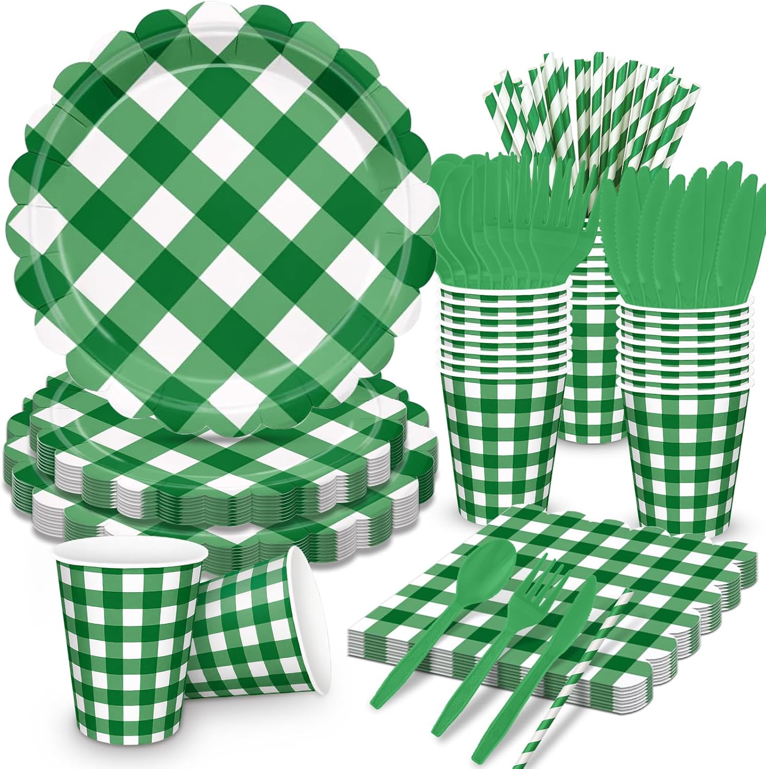 192 PCS Gingham Party Supplies Serve 24 Guests Gingham Plates and Napkins and Cups for Birthday Decorations Baby Shower Checkered Party Dinnerware Sets for Girl Boy Dark Sage Green Christmas
