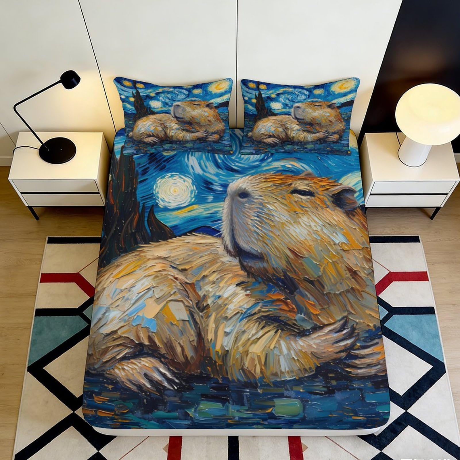 3D Printed Starry Night Capybara Fitted Sheet Microfiber Soft Artistic Bed Sheet for Bedroom Dorm Decor 90x200x25cm
