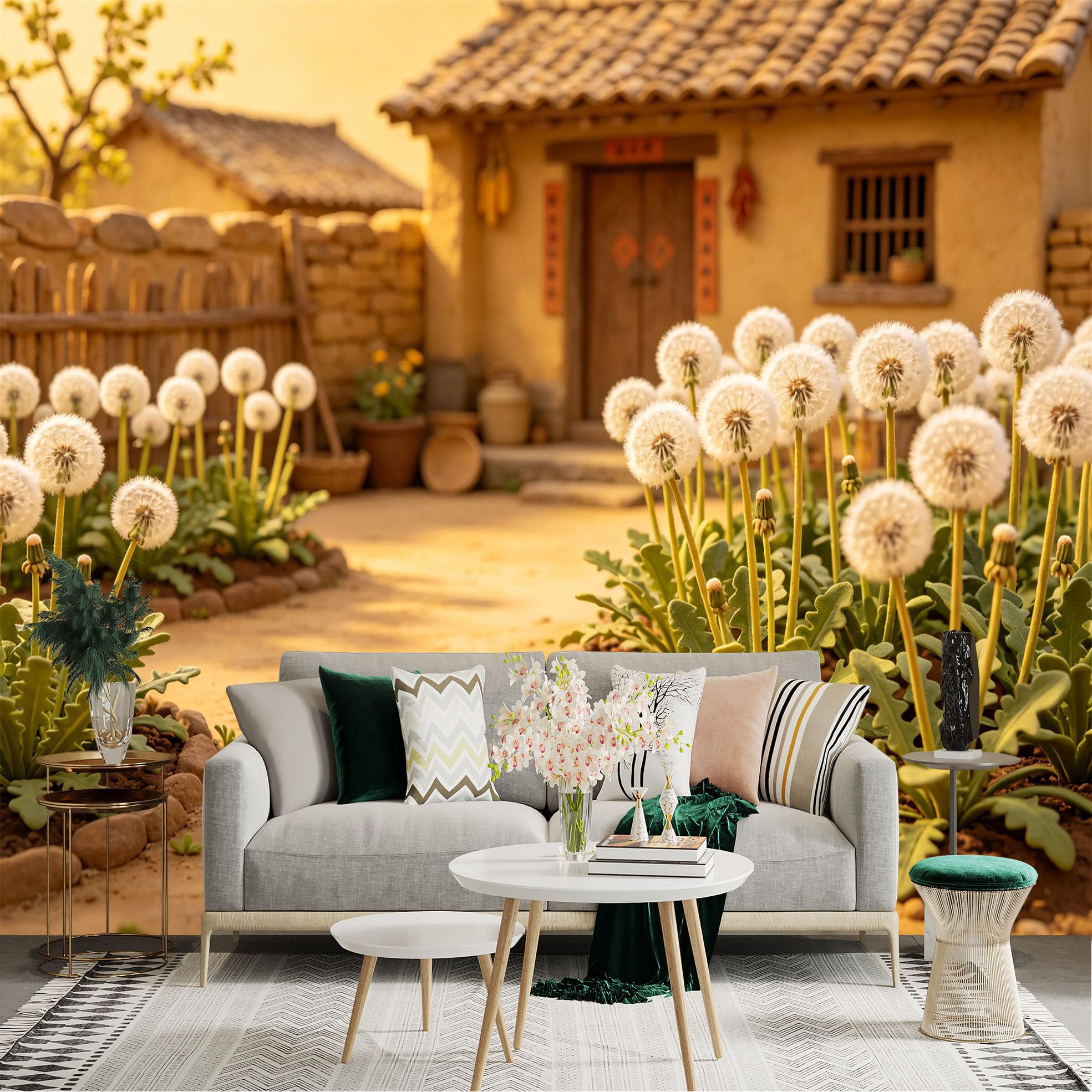 Lnzczhyre Dbh260521616 Custom Size Wall Sticker Mural， Dandelion Field， Traditional Rural Courtyard， Warm Sunset Glow， Rustic Countryside Scenery， For Wall Decoration， Peelandstick Wall Decals.