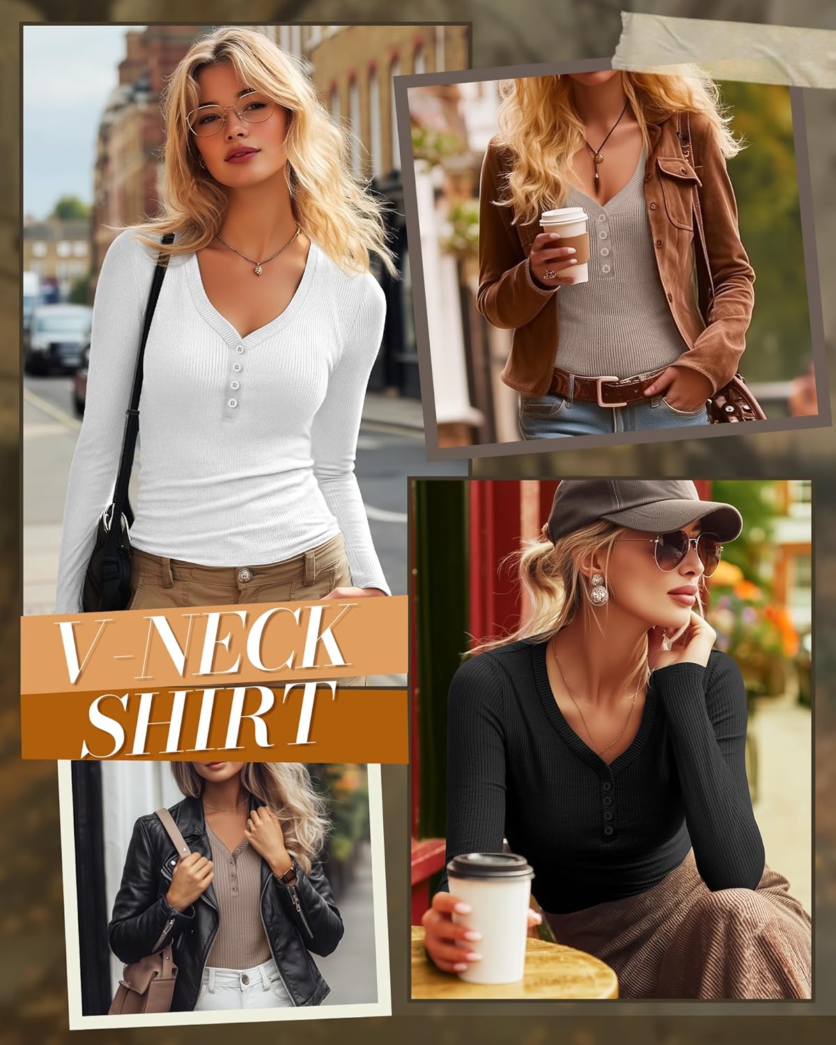 Huukeay 3 Pack Women's Ribbed Henley Long Sleeve Shirts, Button V Neck Tunic Tops Slim Fit Casual Soft Basic Knit Tee Blouse - Image 2