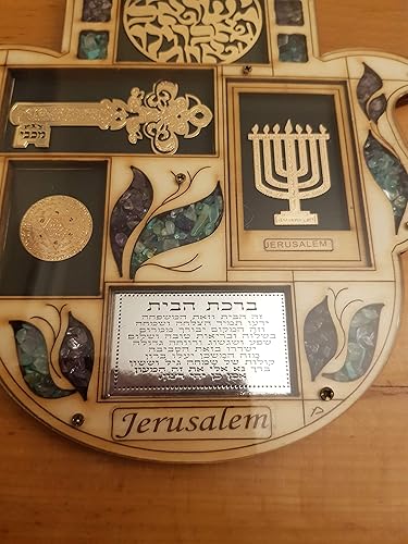 Miniatura 3 de Hamsa - Decoración de pared de bendición hebrea, bendiciones judías para la suerte y la protección, Mano de Fátima de madera con piedras