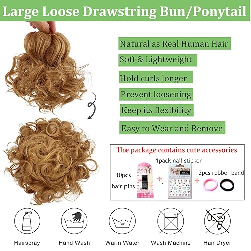 Miniatura 6 de Moño de pelo desordenado, cordón elástico, ondas sueltas, moño de pelo rizado grande, extensión de cola de caballo corta para mujeres, 2.47 oz (75
