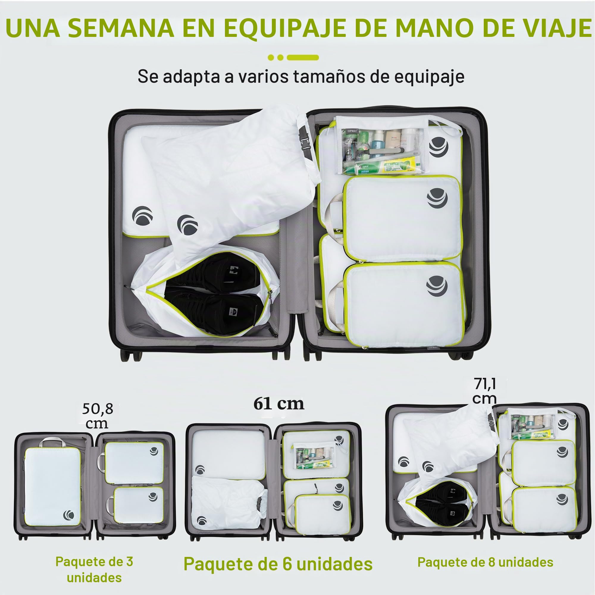 Cipway Bolsas Compresion Viaje, Diseño de Malla Impermeable Ligero y Duradero Bolsas de Viaje Organizador para la Mochila Maletas de Almacenamiento en el Hogar(Blanco, 8 Unidades)