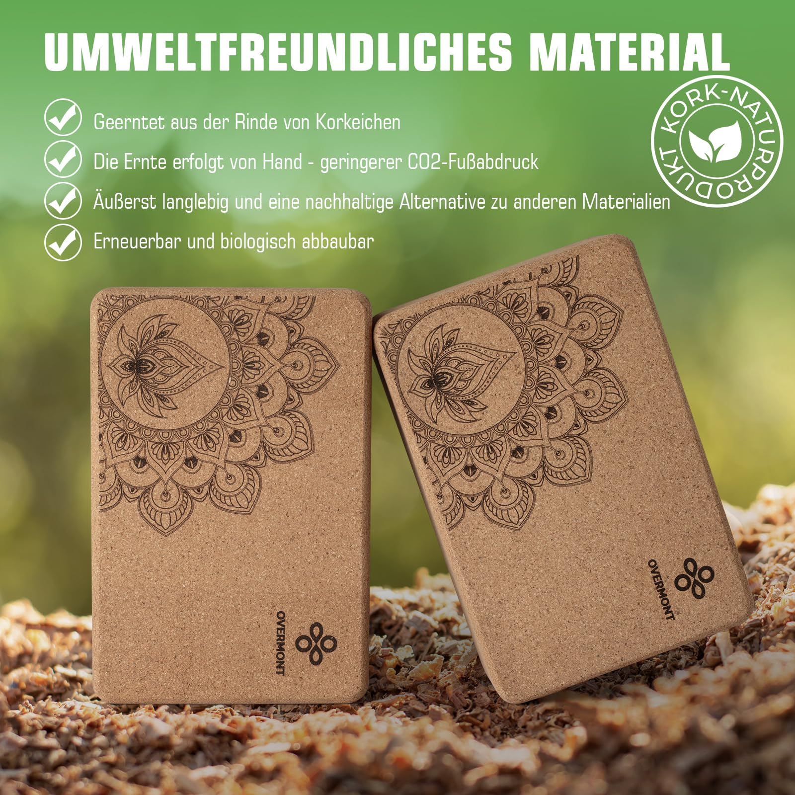 Overmont Yogablöcke Kork 2er Set Yogaklotz - Yoga Block mit Yoga Gurt - Korkblock für Fitness Pilates Stretching und Meditation