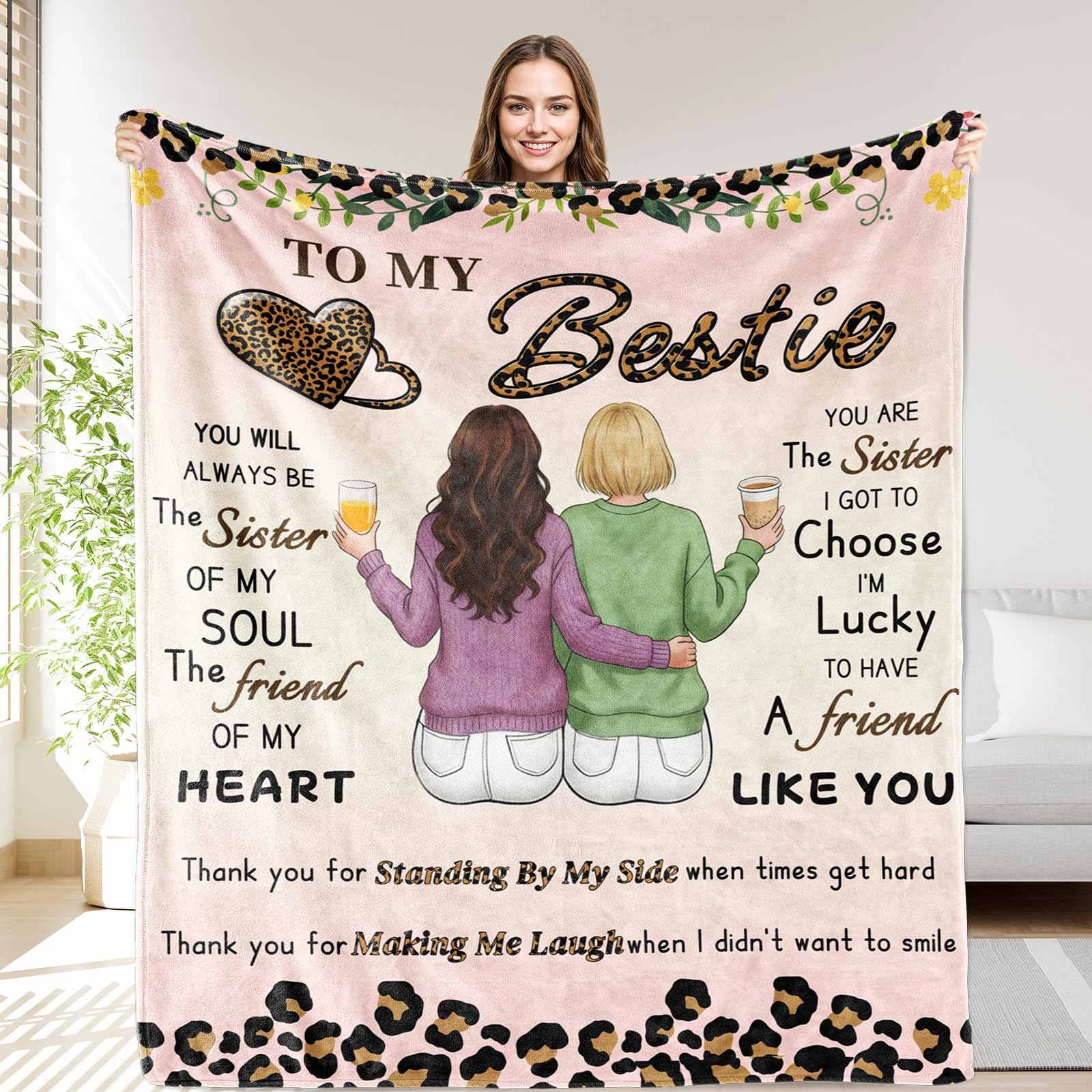 OHOIT Best Friend Birthday Gifts for Women, Bestie Blanket Friendship Gifts for Women, to My Bestie Leopard Throw, Best Friend Blanket for Woman Soul Sister Presents for Christmas 50"x60"