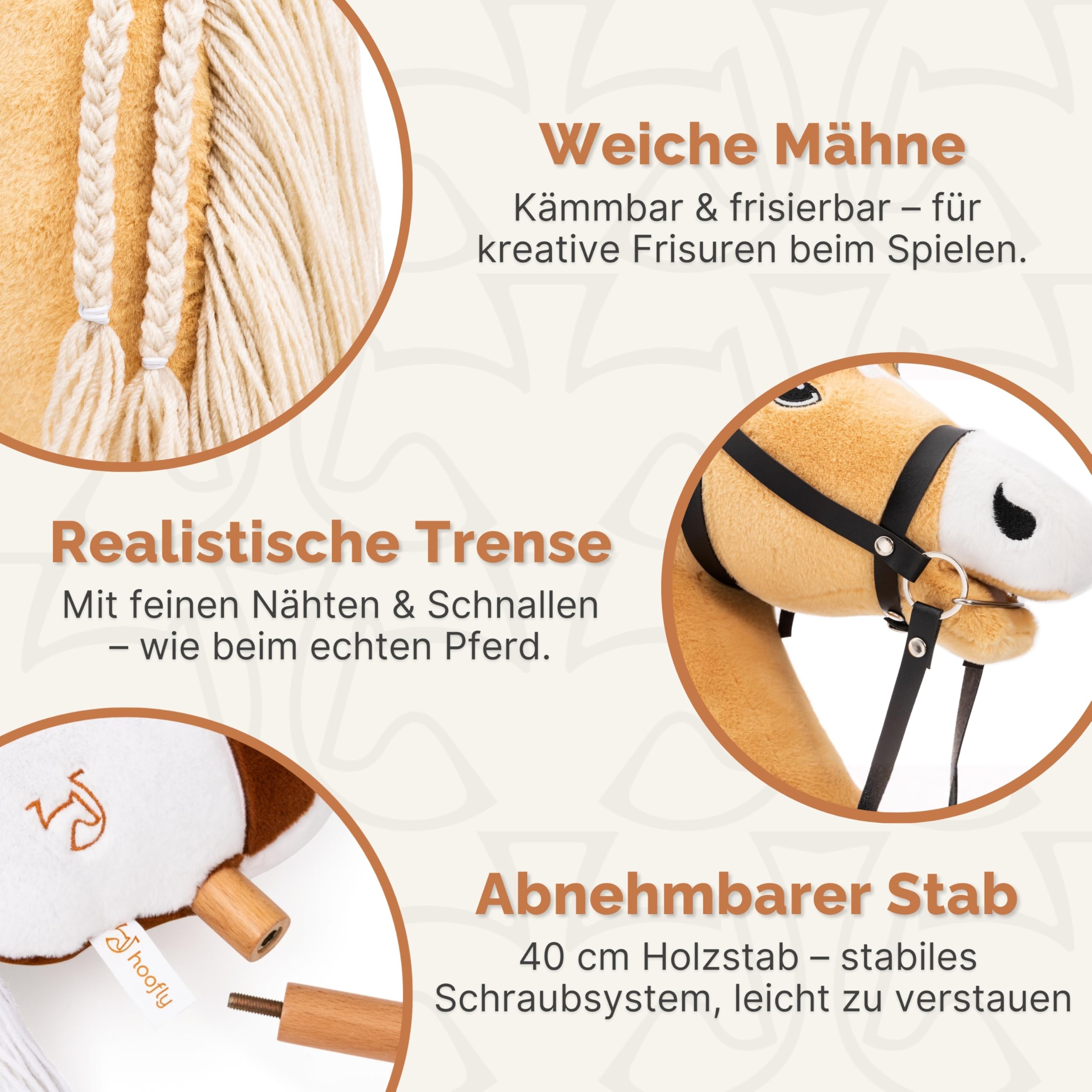 Hobby Horse Pferde – Großes Steckenpferd für Kinder A3 mit Trense & 40 cm Schraubstab | Realistisches & weiches Stockpferd Beige (Haflinger) | Hobby Horsing Pferd in 4 liebevollen Farben