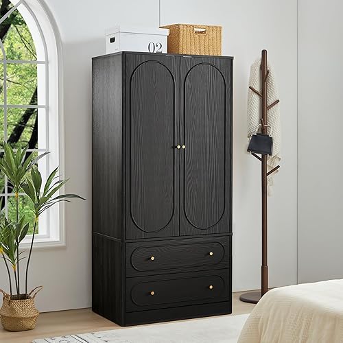 Miniatura 13 de ORRD Armario independiente acanalado con 2 puertas y 2 cajones de almacenamiento, armario de gran capacidad, armario de madera para dormitorio, sala