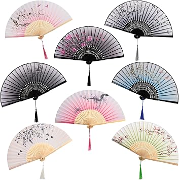 AVLA 8 Pack Folding Fans, Silk Fabric Bamboo Handheld Fans with Tassel, Floral Blossom Hand Holding Fans for Women, Wedding, Dancing Party, Gift, Cosplay, Wall Decoration, Chinese Vintage Retro Style