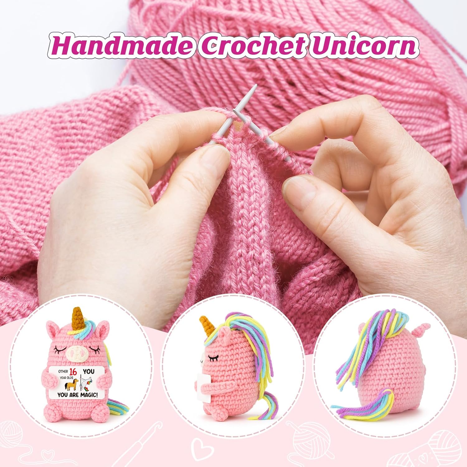 16th Birthday Gift for Girl — Pink Crochet Unicorn 4", Handmade Amigurumi Plush, “You are Magic” Card, Cute Stuffed Animal Desk Decor for Teen Daughter Granddaughter Niece - Image 3