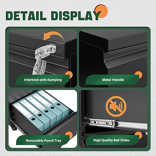 Miniatura 8 de Letaya Archivador móvil con cerradura, 2 cajones debajo del escritorio, archivadores de metal con ruedas para organizador de oficina en casa,