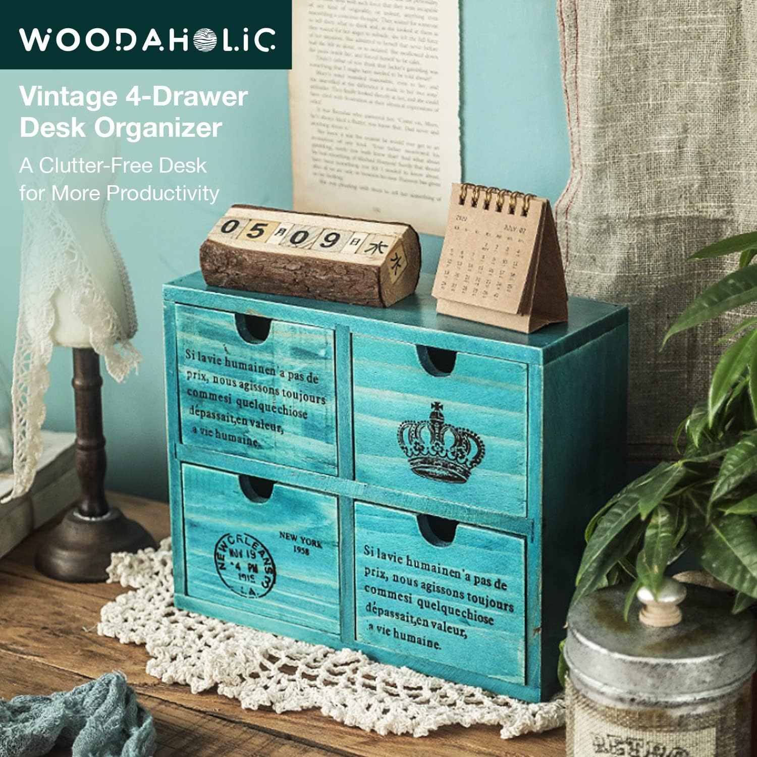 4-Drawer Vintage Desk Organizer in Teal Hue - Wooden Storage Drawers for Table-top I Farmhouse French Style Desktop Cabinet with 4 Drawers - Office Study Table Wood Storage Box Organizer