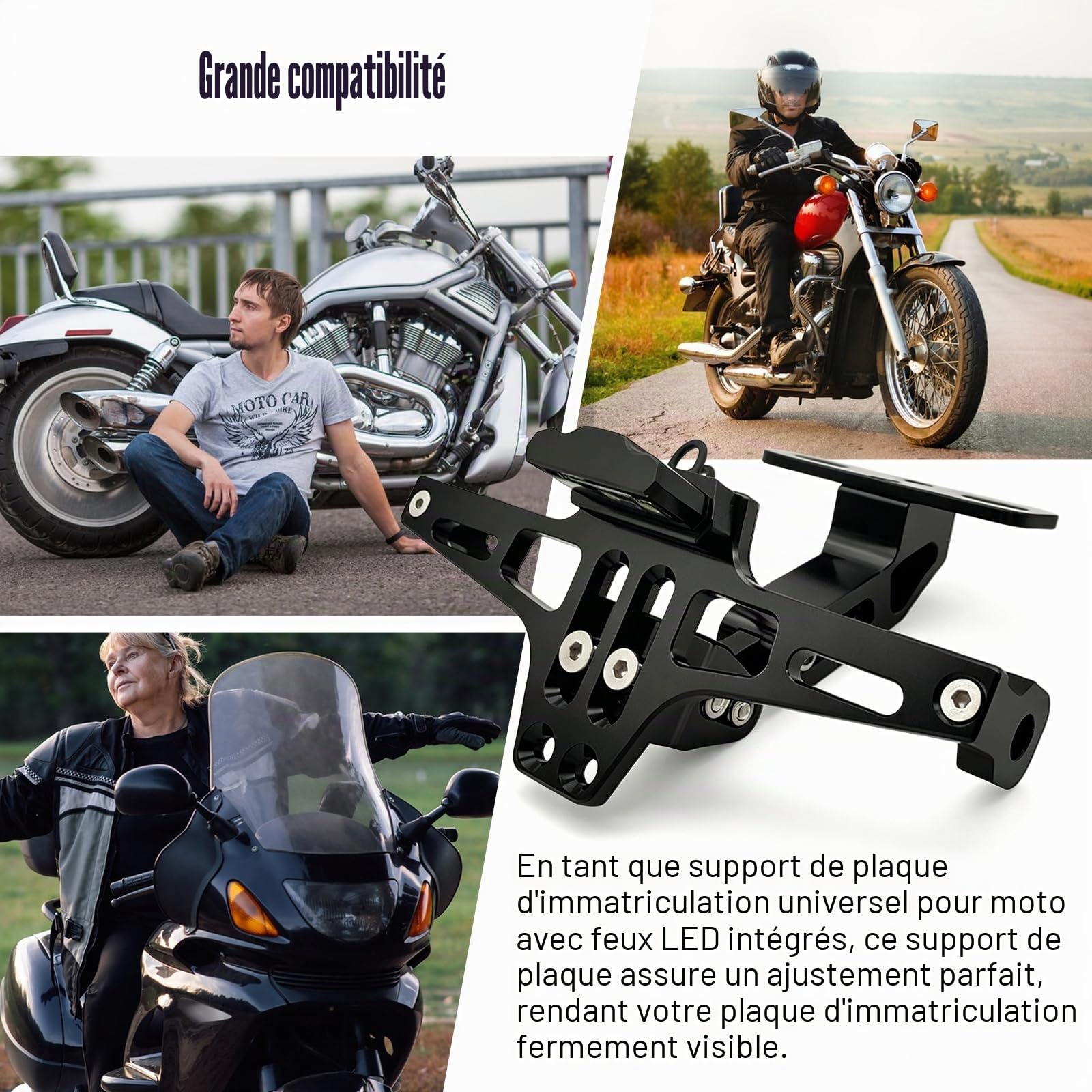 Support De Plaque D'immatriculation De Moto Réglable, Support De Plaque Moto en Aluminium, Universel Porte Plaque Immatriculation avec Lumière LED pour La Plupart des Modèles De Moto