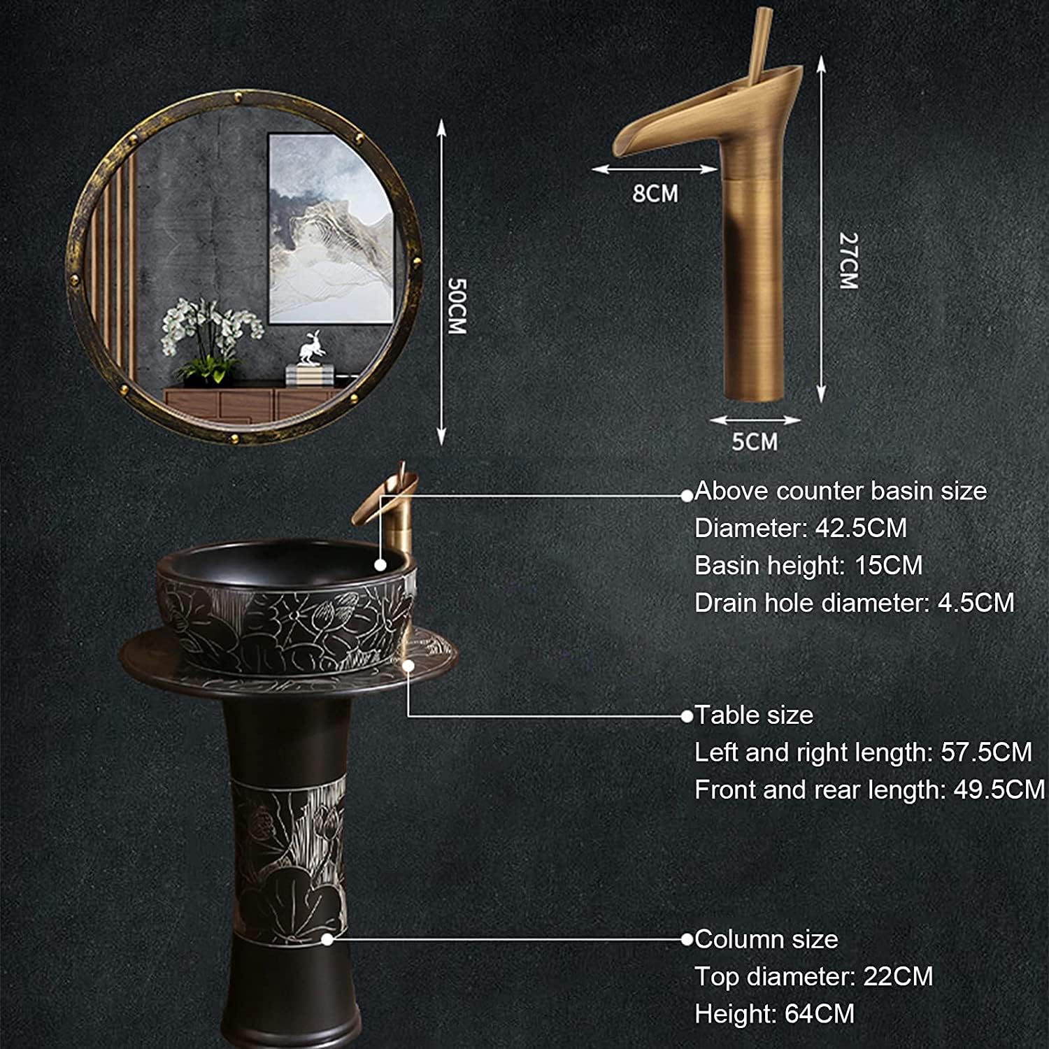 Full Pedestal Art Bathroom Basin Sink Oval Bathroom Basin Sink Pedestal Bathroom Sink Ceramic Basin (Color : V Size : Without Mirror) (Q with Mirror) (Y Without Mirror)