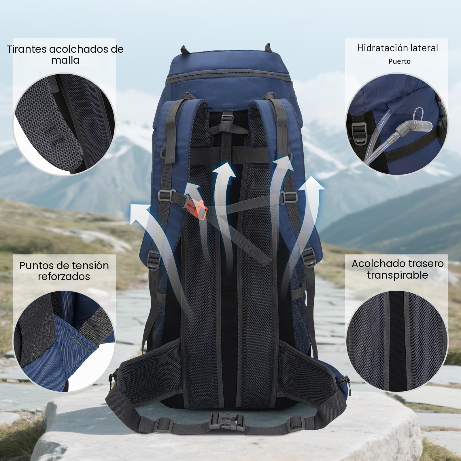 70L Mochila de Senderismo con Cubierta para Lluvia, Paquete de Viaje y Camping para Deporte al Aire Libre, Escalada, Excursionismo y Senderismo, Equipaje de Mochilero para Hombres y Mujeres (Azul)