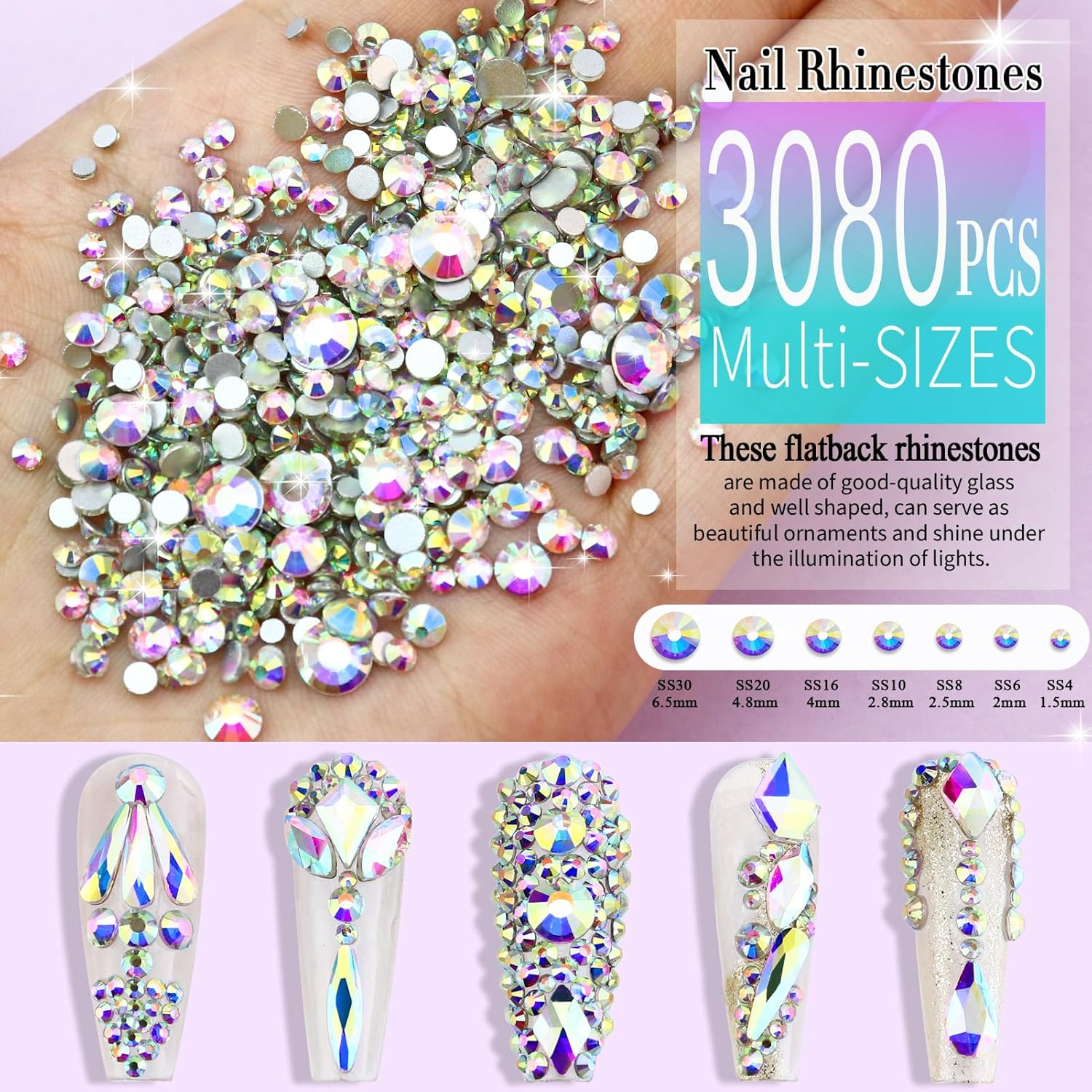 Dowarm 3200PCS Nail Art Rhinestones, Crystal AB Flatback Rhinestones for Nails, Crafts, 12 Styles 3D Glass Crystal Nail Gems, Iridescent Diamond Stones - Image 3
