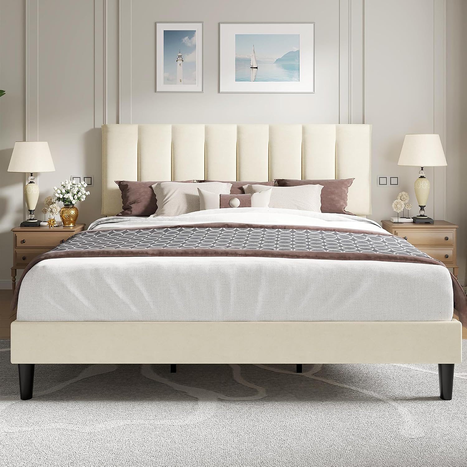 VECELO King Size Bed Frame with Upholstered Headboard, Beige