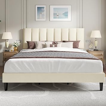 VECELO King Size Bed Frame with Upholstered Headboard, Beige