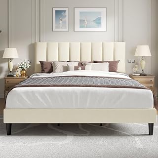 VECELO King Size Bed Frame with Upholstered Headboard, Heavy-Duty Platform Bedframe with Strong Wooden Slats Support, No Boxing Spring Needed, Pale Beige