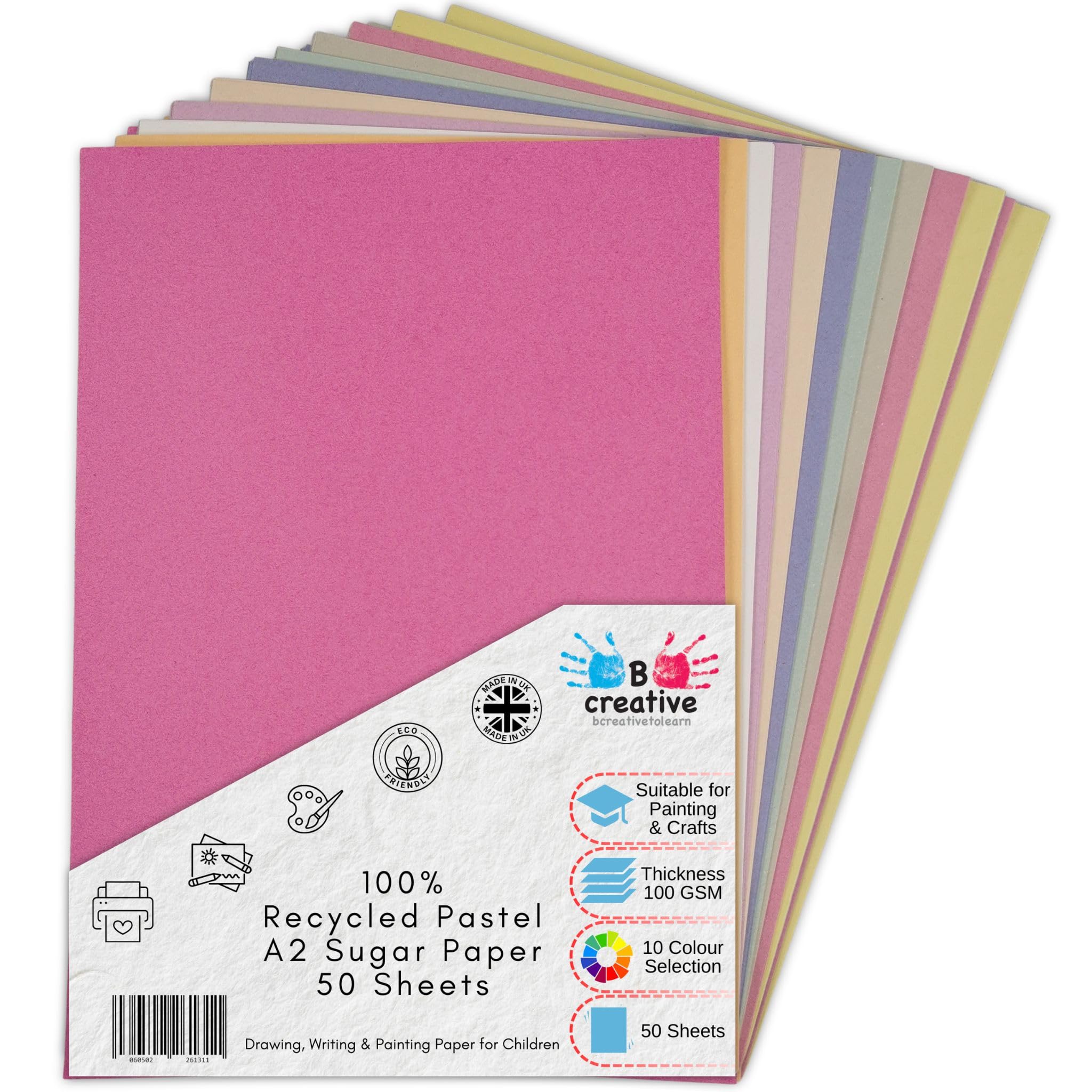 50 fogli di carta di zucchero riciclata, formato A2, colori pastello, 10 colori assortiti, ideali per il fai da te dei bambini, il disegno, la pittura e lo scrapbooking