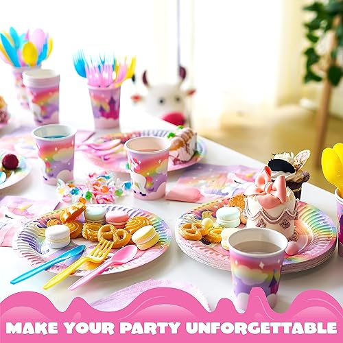 Miniatura 3 de JOYIN 145 piezas de suministros de fiesta de cumpleaños de unicornio con pancarta de unicornio para niñas, juego de vajilla desechable de unicornio
