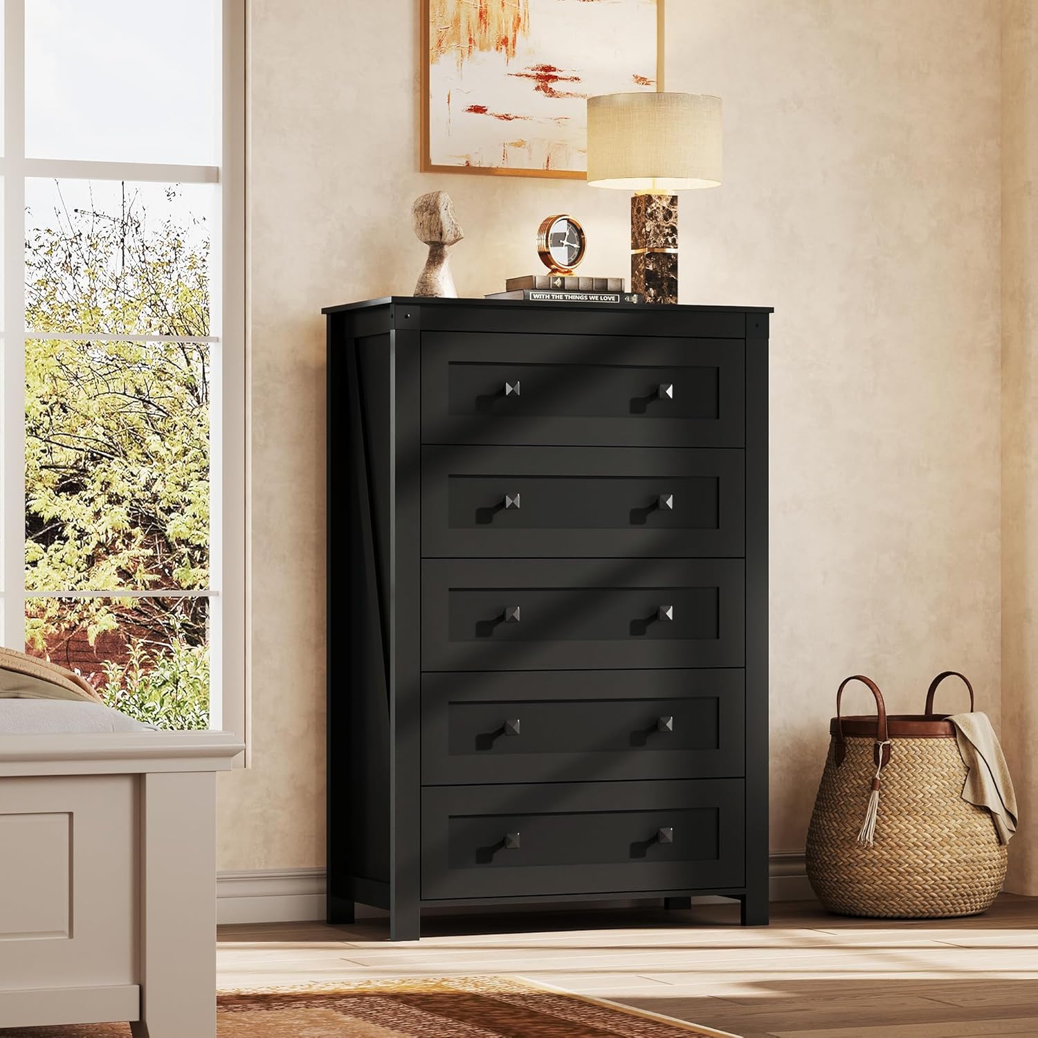 Hand wiping the wooden surface of the dresser, highlighting its easy-to-clean and water-resistant properties