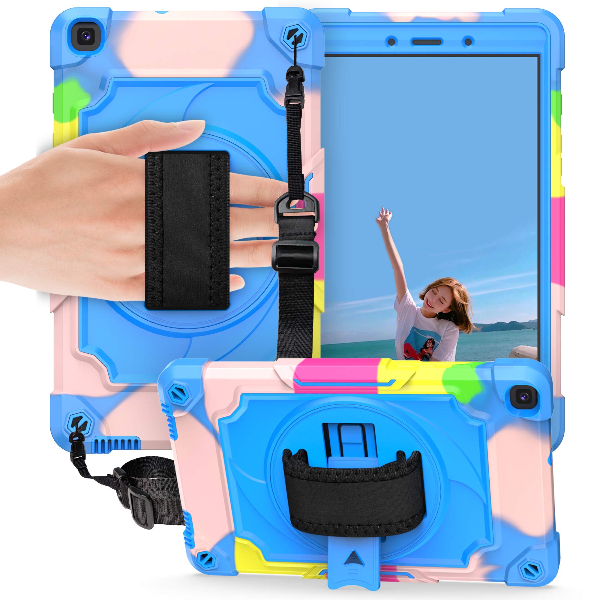 Funda para Galaxy Tab A 8.0 2019 SM-T290/T295, Carcasa Resistente Silicona con Bandolera, Soporte, Correa de Mano para 8.0 Pulgadas Galaxy Tab A 8.0" 2019, Camuflaje/Azul