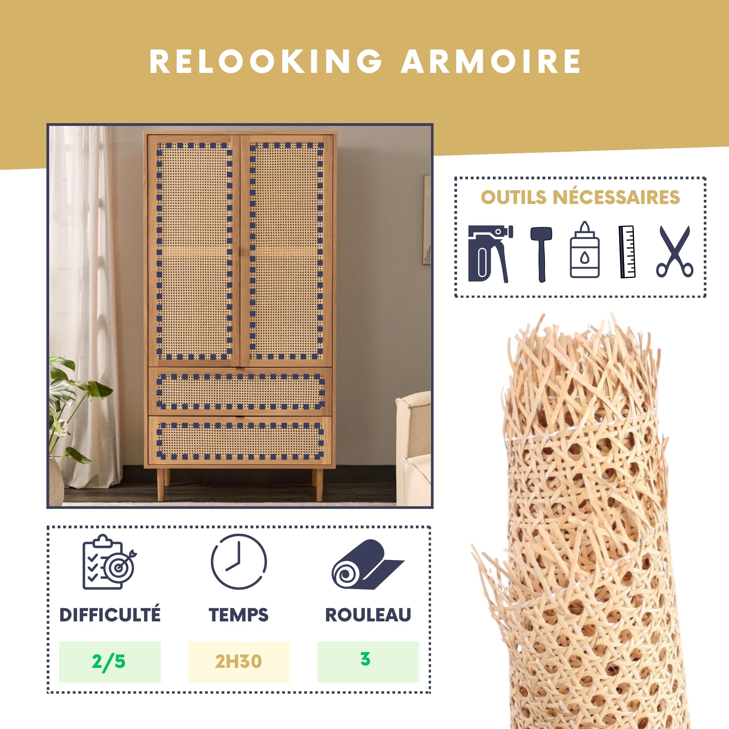 Cannage, Rouleau de Cannage pour Meuble, Cannage en Rotin Naturel, Décoration & Vannerie, Cannage Traditionnel à la française, pour Un Rendu Esthétique et Résistant, Idéal pour Le DIY