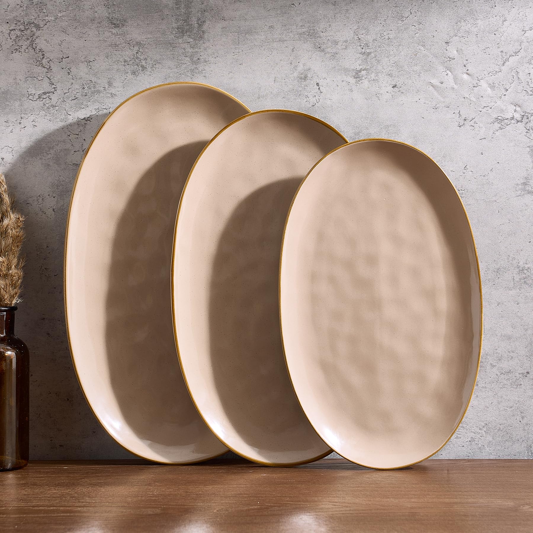Photo 1 of famiware Serving Platter, Oval 15.59/14.3/12.9 inch Serving Dishes for Entertaining, Serving Bowls, Microwave Safe, Stonware Serving Trays for Party, Turkey, Cheese, Ocean Series, Cinnamon Brown