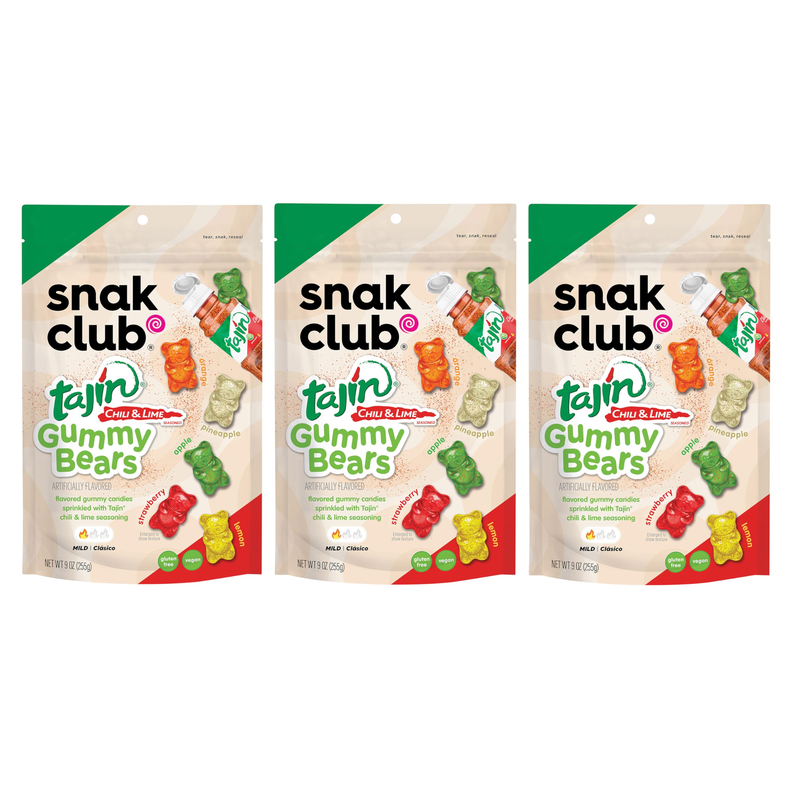 Snak Club Tajin Gummy Bears, Assorted Fruit Candy Gummies with Chili and Lime Seasoning, Mild Spice, Gluten-Free and Vegan Snacks, 9 oz Resealable Bags, 3 Pack
