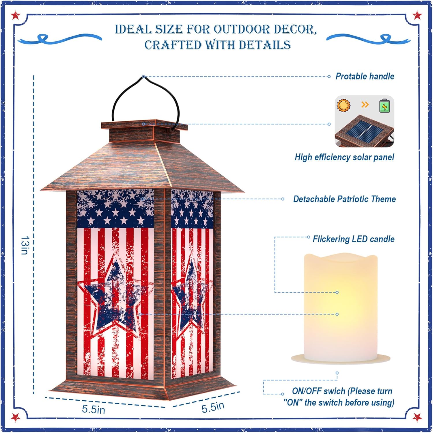 4th of July Solar Lanterns Outdoor Waterproof, American Flag Hanging Lantern with Flickering LED Candle, 13" Patriotic Lanterns Independence Day Decorations for Patio Porch Garden Yard Pathway, 1 Pack