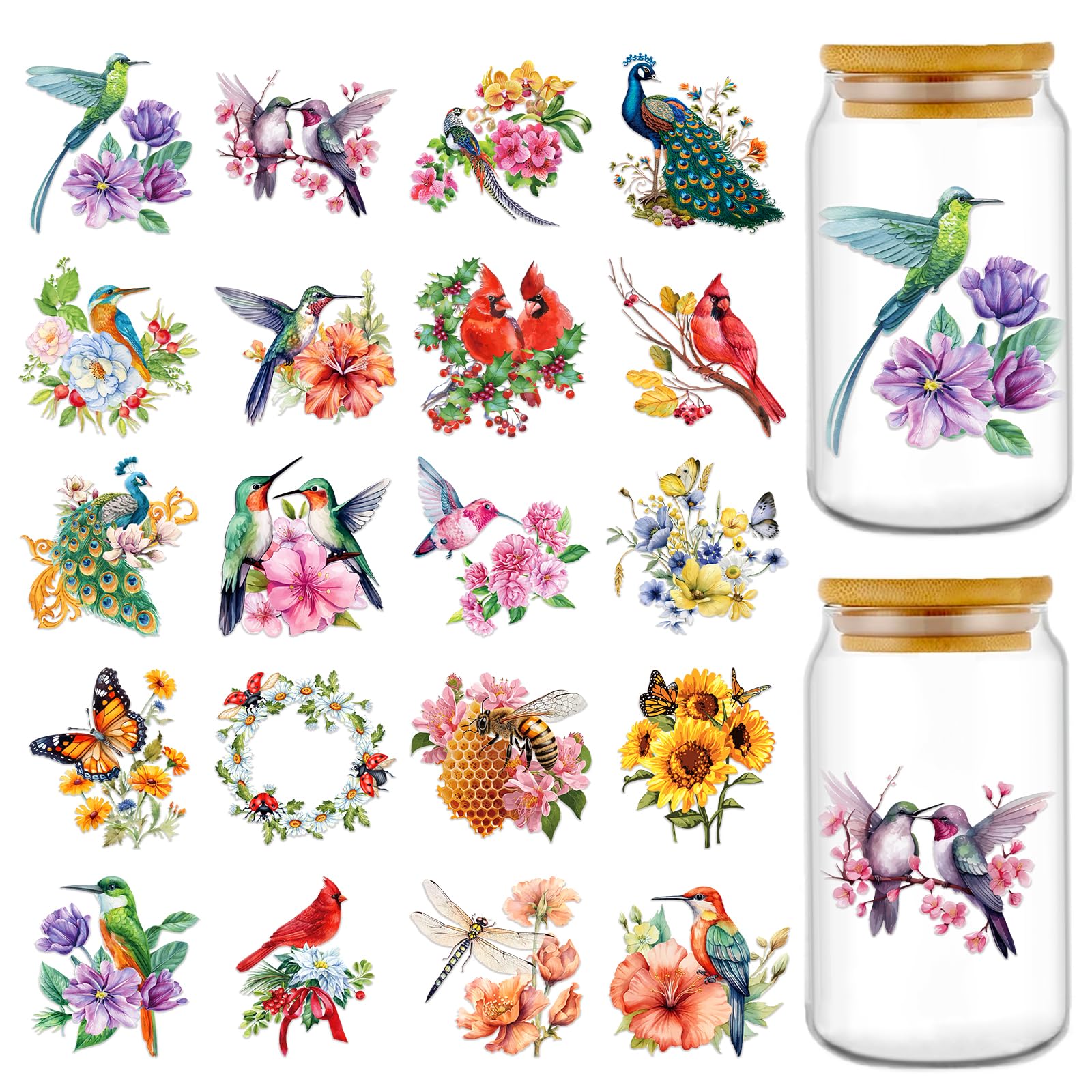 Rngmsi Vintage UV DTF Cup Wrap - 20 Sheets Flower Bird UV DTF Cup Wraps for 16 oz Cardinal Dragonfly Bee UVDTF Decals for Glass Waterproof Nature Rub