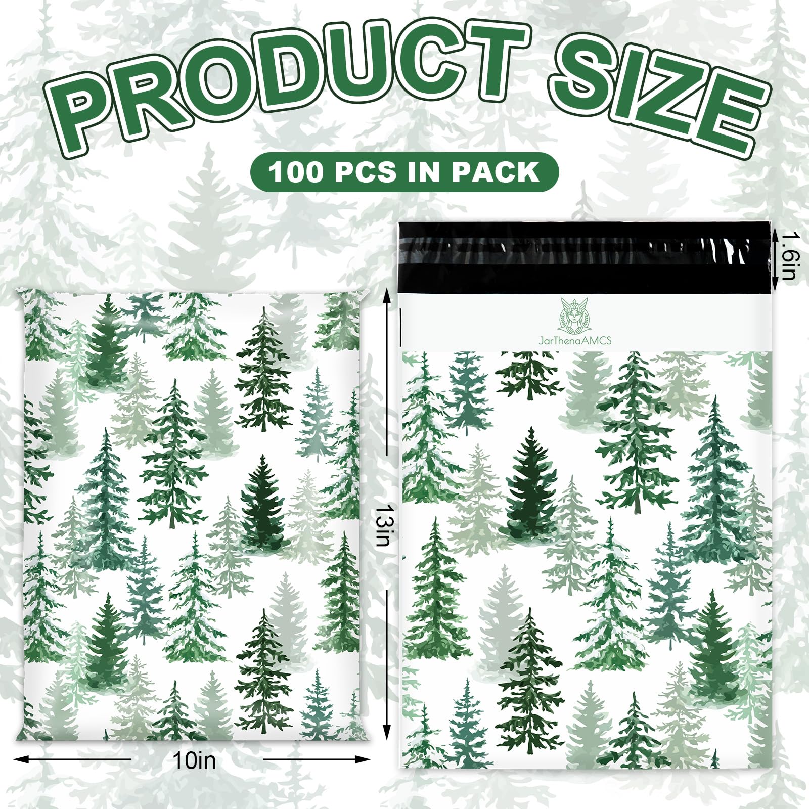 JarThenaAMCS 100 buste postali natalizie in polietilene, 25,4 x 33,5 cm, verde inverno, per albero di Natale, autosigillanti, per abbigliamento di piccole imprese